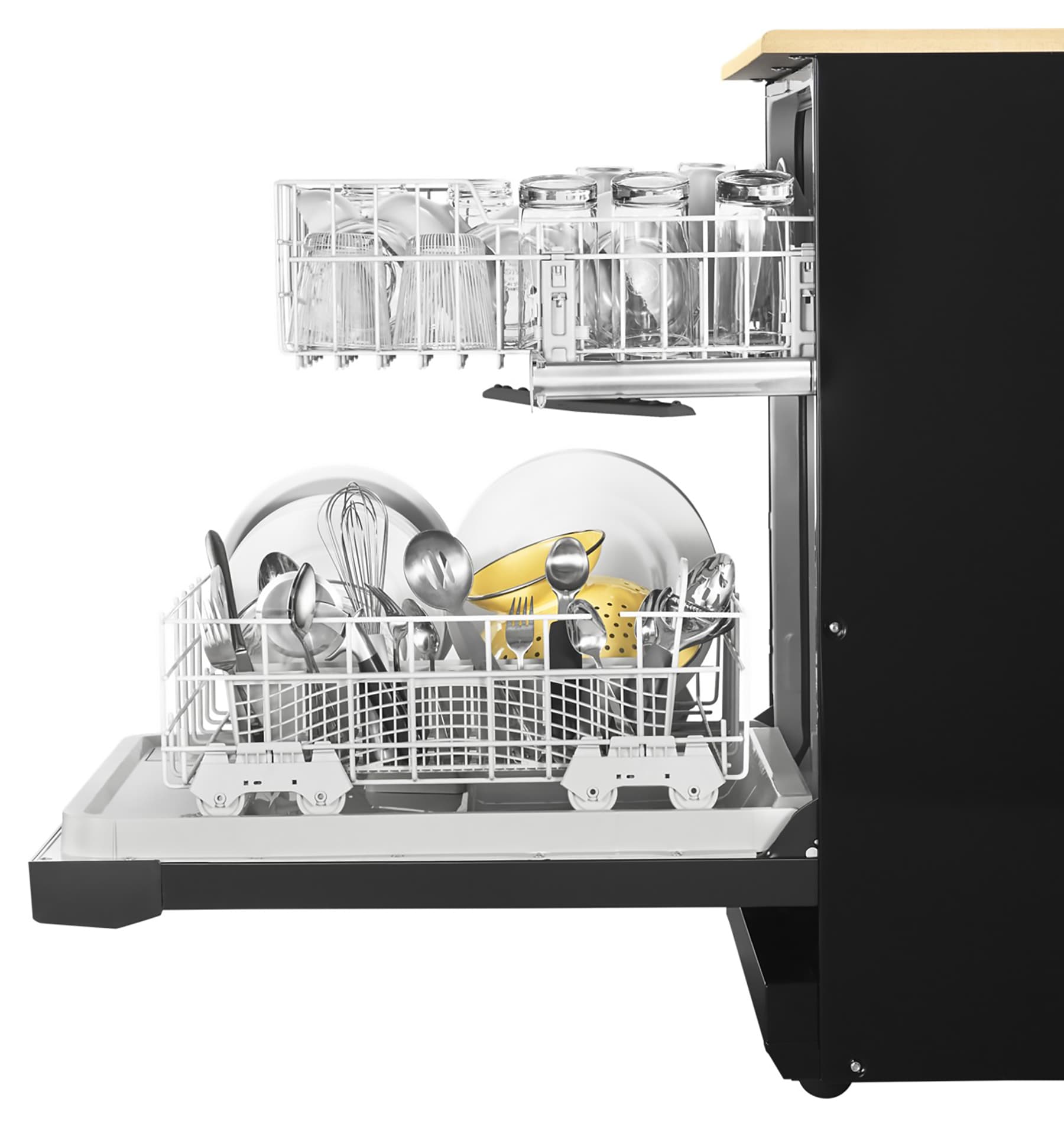 Lavavajillas portátil independiente Whirlpool de 24.125 pulgadas (Negro) Nivel de sonido estándar de 64 decibeles WDP370PAHB
