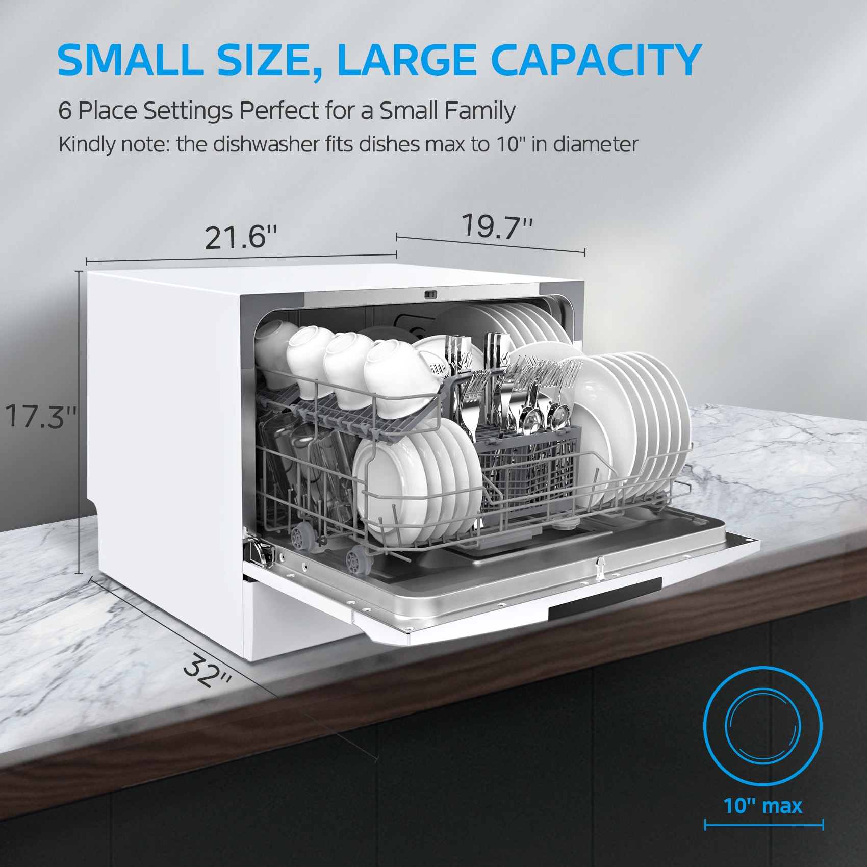 Lavavajillas portátil de encimera Midea de 21.63 pulgadas (blanco) Nivel de sonido estándar de 52 decibeles MDC22P1AWW