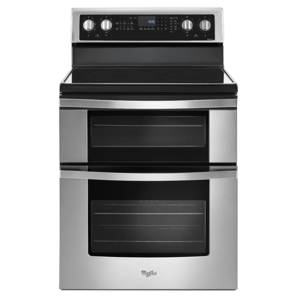 Estufa eléctrica de doble horno independiente con 5 quemadores, horno de convección y cubierta de vidrio de 30 pulgadas de acero inoxidable.
