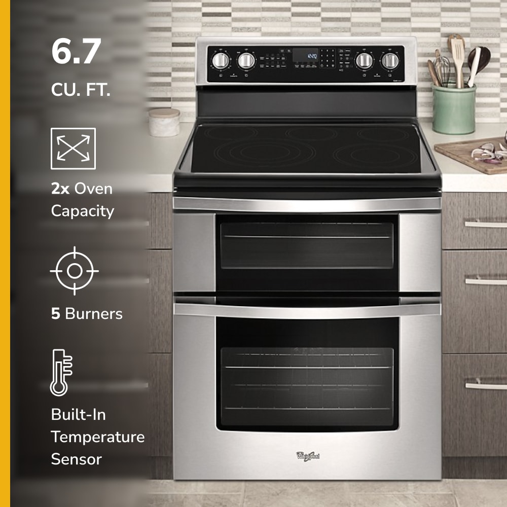 Estufa eléctrica de doble horno independiente con 5 quemadores, horno de convección y cubierta de vidrio de 30 pulgadas de acero inoxidable.