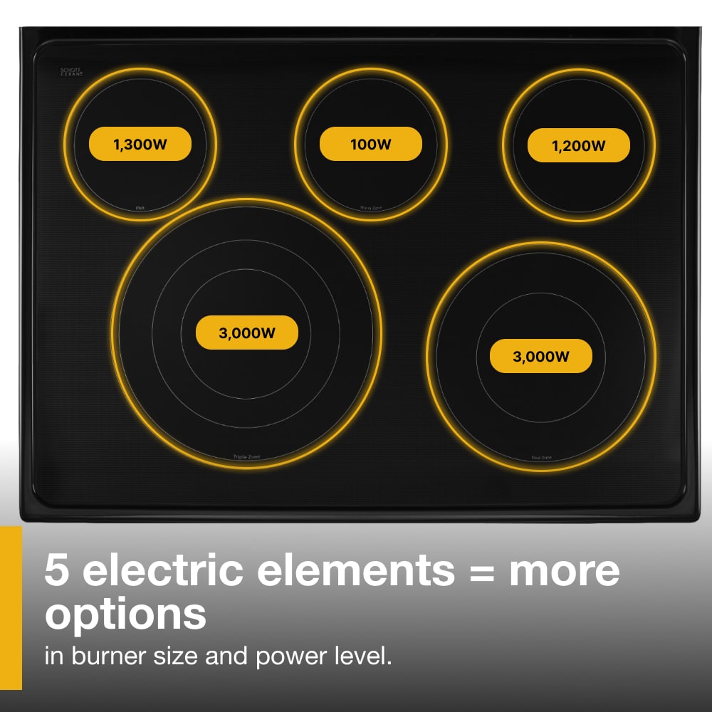 Estufa eléctrica de doble horno independiente con 5 quemadores, horno de convección y cubierta de vidrio de 30 pulgadas de acero inoxidable.