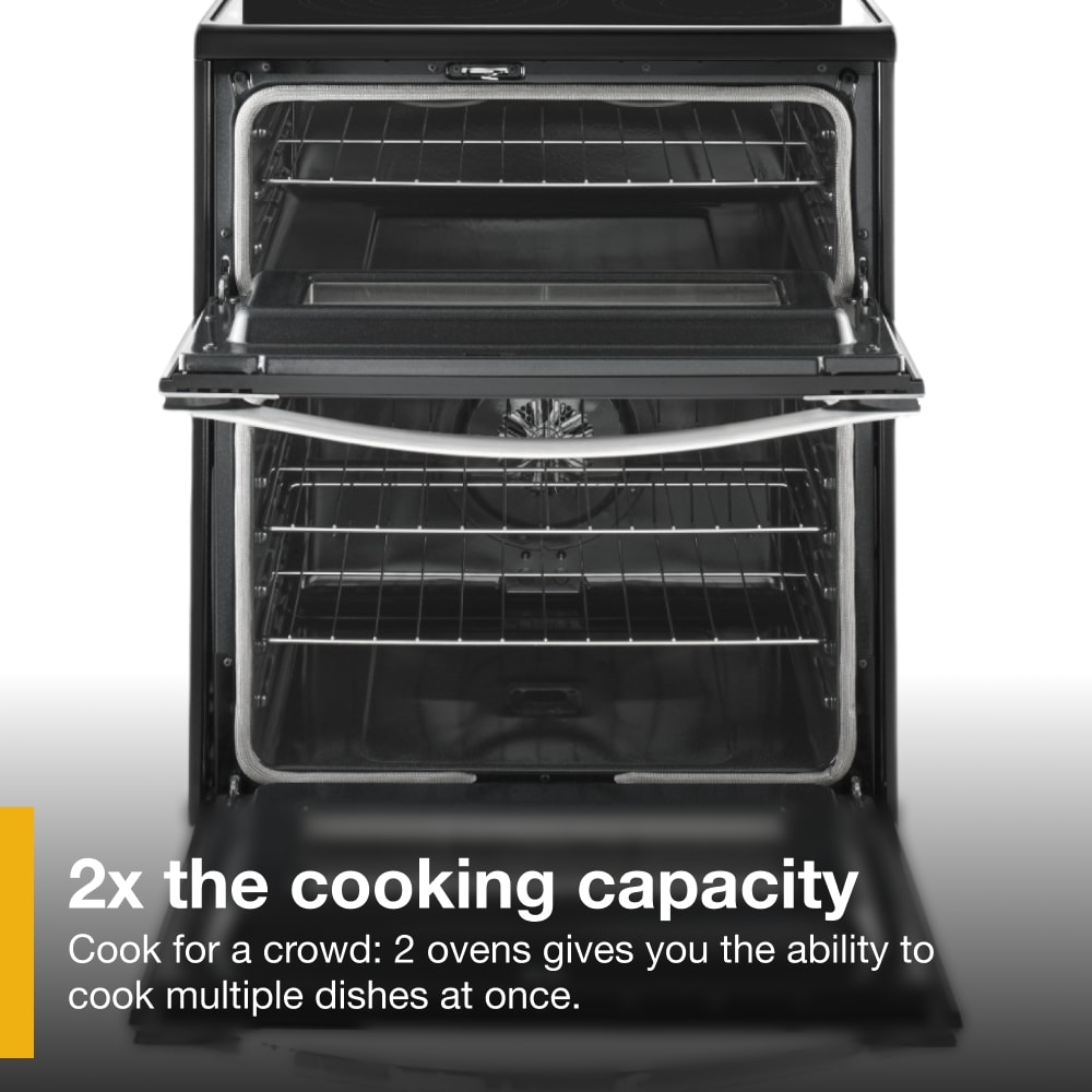 Estufa eléctrica de doble horno independiente con 5 quemadores, horno de convección y cubierta de vidrio de 30 pulgadas de acero inoxidable.