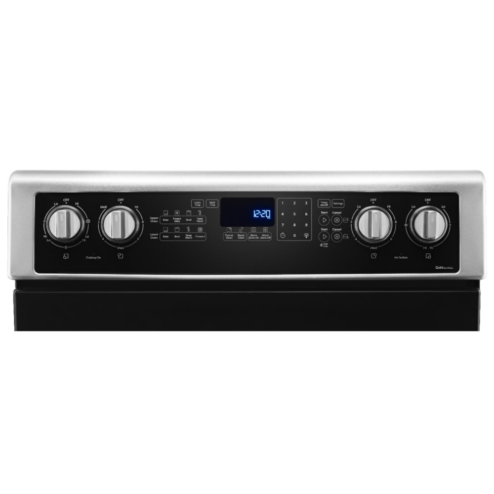 Estufa eléctrica de doble horno independiente con 5 quemadores, horno de convección y cubierta de vidrio de 30 pulgadas de acero inoxidable.