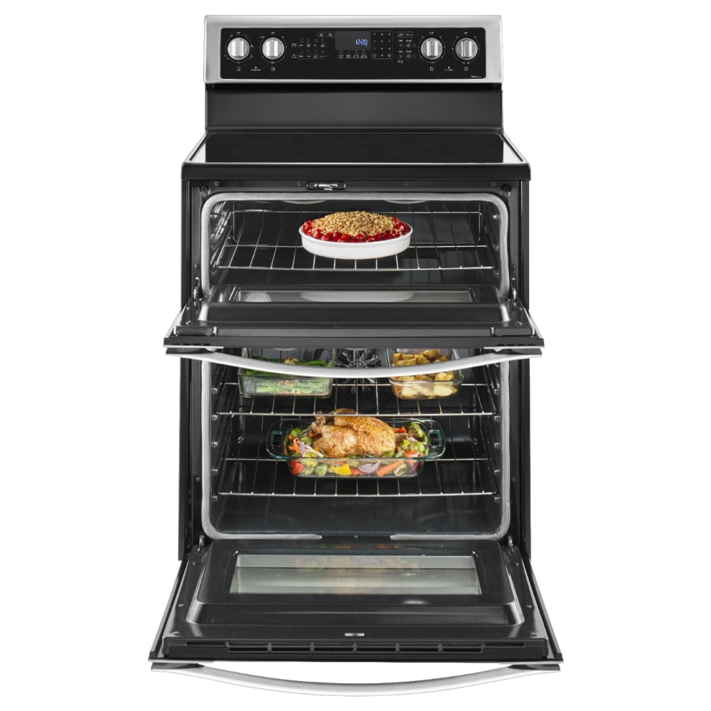 Estufa eléctrica de doble horno independiente con 5 quemadores, horno de convección y cubierta de vidrio de 30 pulgadas de acero inoxidable.