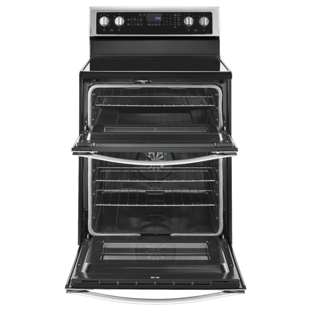 Estufa eléctrica de doble horno independiente con 5 quemadores, horno de convección y cubierta de vidrio de 30 pulgadas de acero inoxidable.