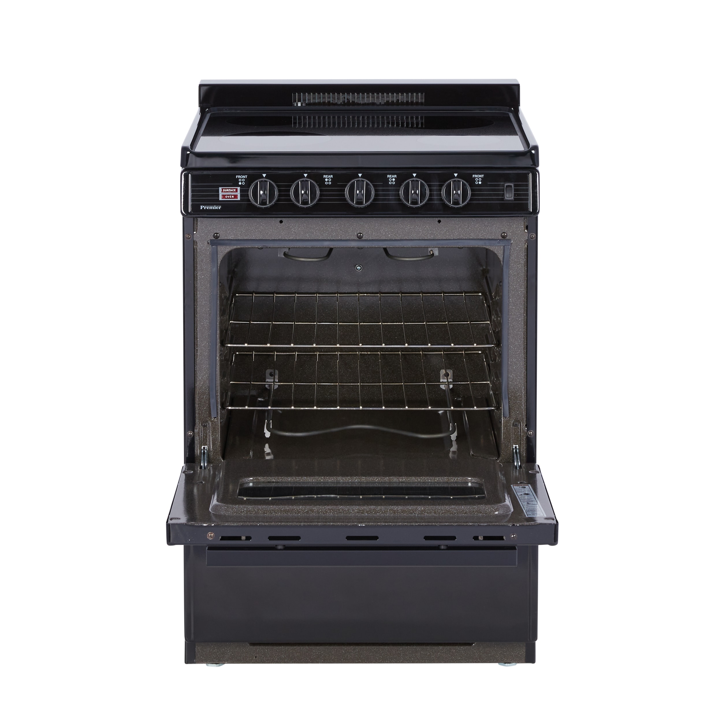 Estufa Eléctrica de Piso con Cubierta de Vidrio de 24 pulgadas y 4 quemadores, 2.9 pies cúbicos, en Negro sobre Negro.