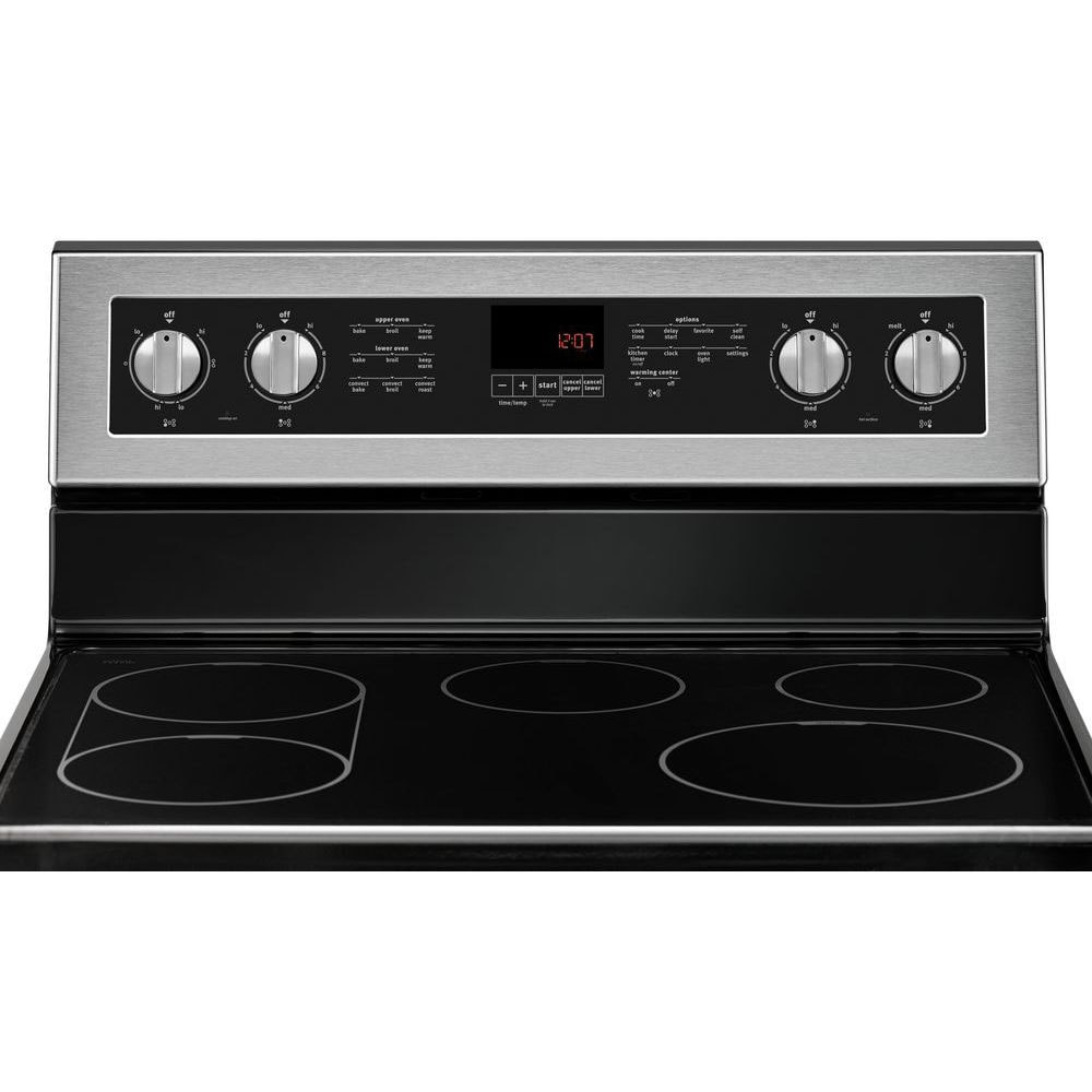 Estufa Eléctrica Doble con Horno de Convección y Cubierta de Vidrio de 30 pulgadas, 5 quemadores y 4.2 pies cúbicos / 2.5 pies cúbicos de capacidad, acero inoxidable resistente a huellas dactilares.