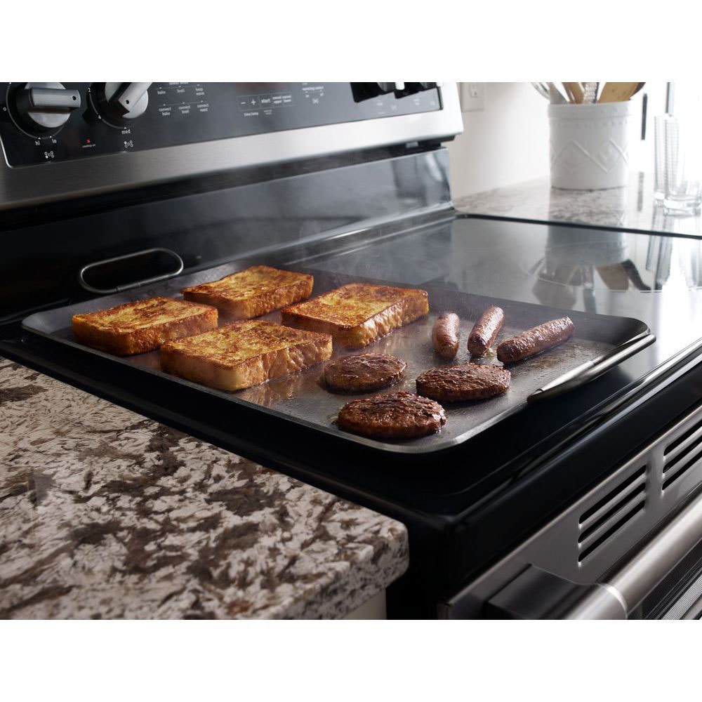 Estufa Eléctrica Doble con Horno de Convección y Cubierta de Vidrio de 30 pulgadas, 5 quemadores y 4.2 pies cúbicos / 2.5 pies cúbicos de capacidad, acero inoxidable resistente a huellas dactilares.