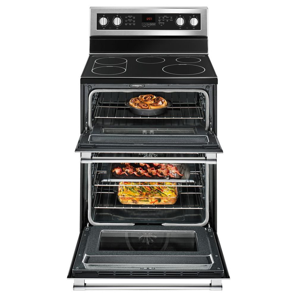 Estufa Eléctrica Doble con Horno de Convección y Cubierta de Vidrio de 30 pulgadas, 5 quemadores y 4.2 pies cúbicos / 2.5 pies cúbicos de capacidad, acero inoxidable resistente a huellas dactilares.