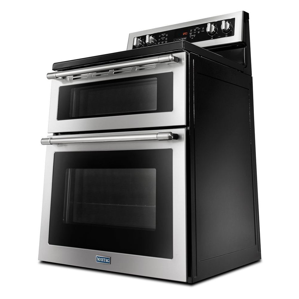 Estufa Eléctrica Doble con Horno de Convección y Cubierta de Vidrio de 30 pulgadas, 5 quemadores y 4.2 pies cúbicos / 2.5 pies cúbicos de capacidad, acero inoxidable resistente a huellas dactilares.