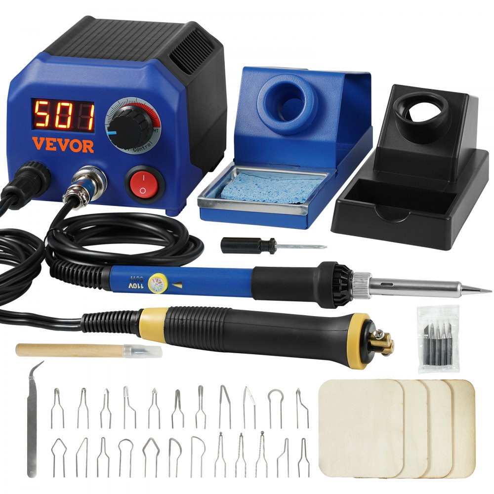 VEVOR Wood Burning Kit, 250~700°C Adjustable Temperature with Display, Dual Output Port with 2 Pyrography Pens, 23 Wire Nibs, 5 Solid-Point Tips, 2 Pen Holder, 4 Wood Chip, 1 Tweezers, 1 Sponge - GYLHJSDKSXXJEEJ25V1