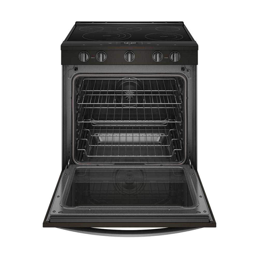 Estufa eléctrica empotrable de vidrio con 5 quemadores y horno de convección con freidora de aire en acero inoxidable negro resistente a las huellas dactilares de 30 pulgadas - Whirlpool WEE750H0HV