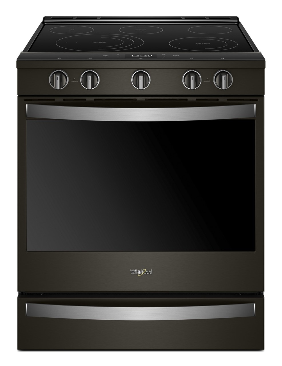 Estufa eléctrica empotrable de vidrio con 5 quemadores y horno de convección con freidora de aire en acero inoxidable negro resistente a las huellas dactilares de 30 pulgadas - Whirlpool WEE750H0HV