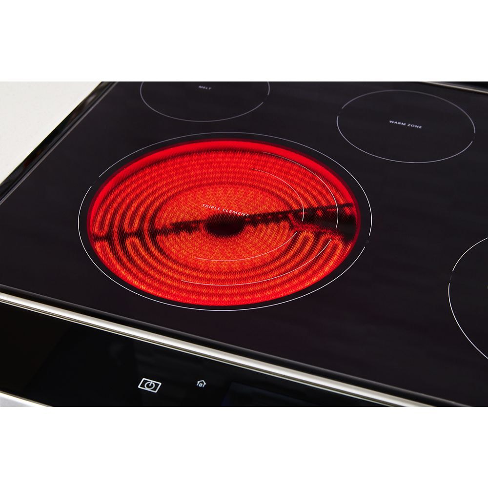 Estufa eléctrica empotrable de vidrio con 5 quemadores y horno de convección con freidora de aire en acero inoxidable negro resistente a las huellas dactilares de 30 pulgadas - Whirlpool WEE750H0HV