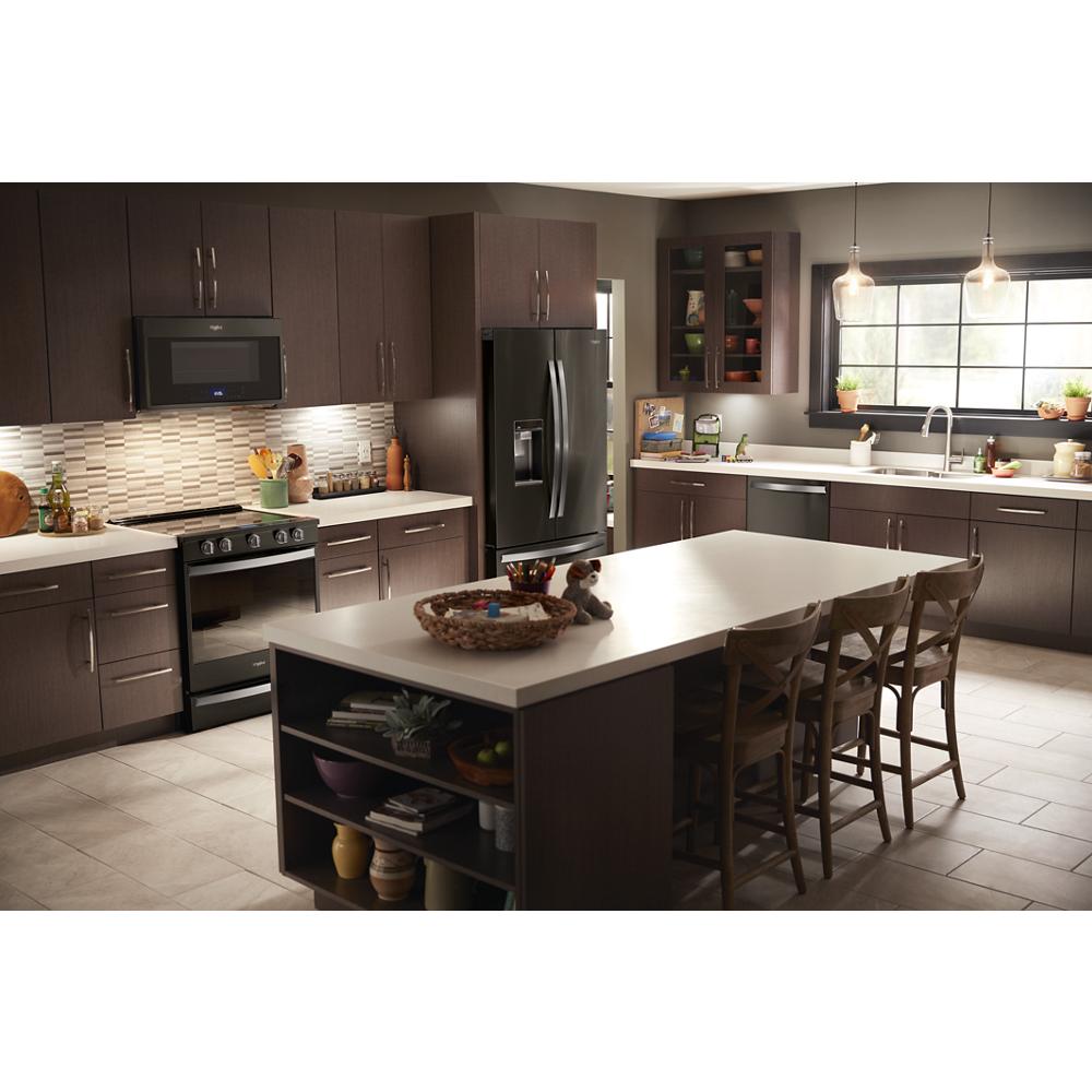 Estufa eléctrica empotrable de vidrio con 5 quemadores y horno de convección con freidora de aire en acero inoxidable negro resistente a las huellas dactilares de 30 pulgadas - Whirlpool WEE750H0HV