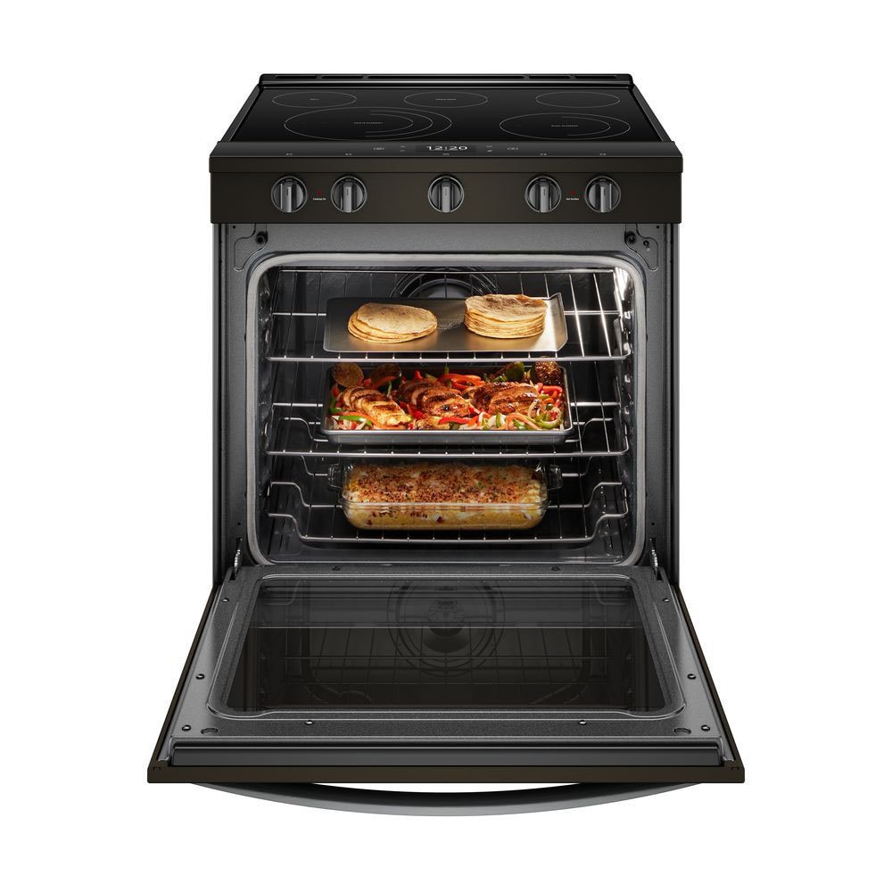 Estufa eléctrica empotrable de vidrio con 5 quemadores y horno de convección con freidora de aire en acero inoxidable negro resistente a las huellas dactilares de 30 pulgadas - Whirlpool WEE750H0HV