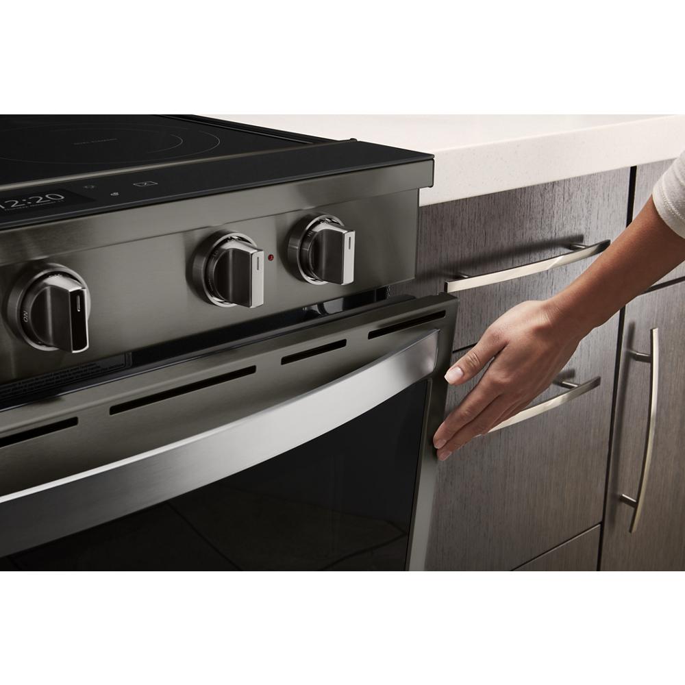 Estufa eléctrica empotrable de vidrio con 5 quemadores y horno de convección con freidora de aire en acero inoxidable negro resistente a las huellas dactilares de 30 pulgadas - Whirlpool WEE750H0HV