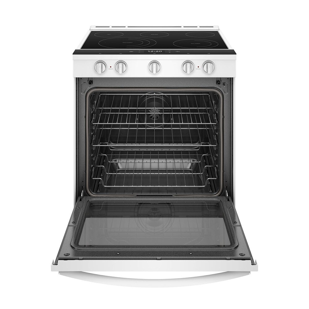Estufa eléctrica tipo slide-in con 5 quemadores y horno de aire fry de 6.4 pies cúbicos con cubierta de vidrio de 30 pulgadas (blanca) de Whirlpool