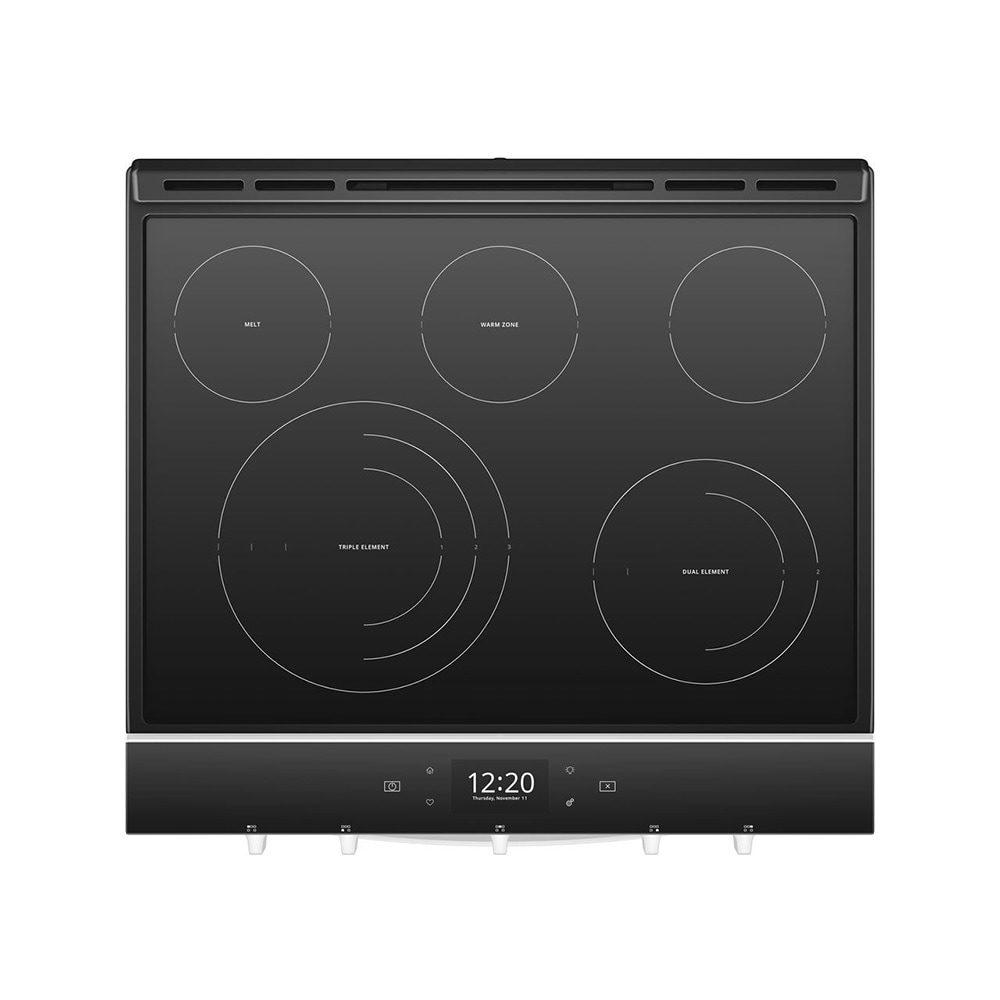 Estufa eléctrica tipo slide-in con 5 quemadores y horno de aire fry de 6.4 pies cúbicos con cubierta de vidrio de 30 pulgadas (blanca) de Whirlpool