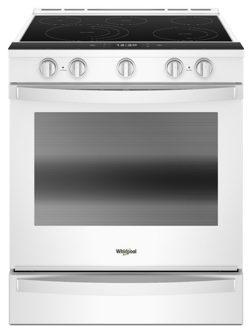 Estufa eléctrica tipo slide-in con 5 quemadores y horno de aire fry de 6.4 pies cúbicos con cubierta de vidrio de 30 pulgadas (blanca) de Whirlpool