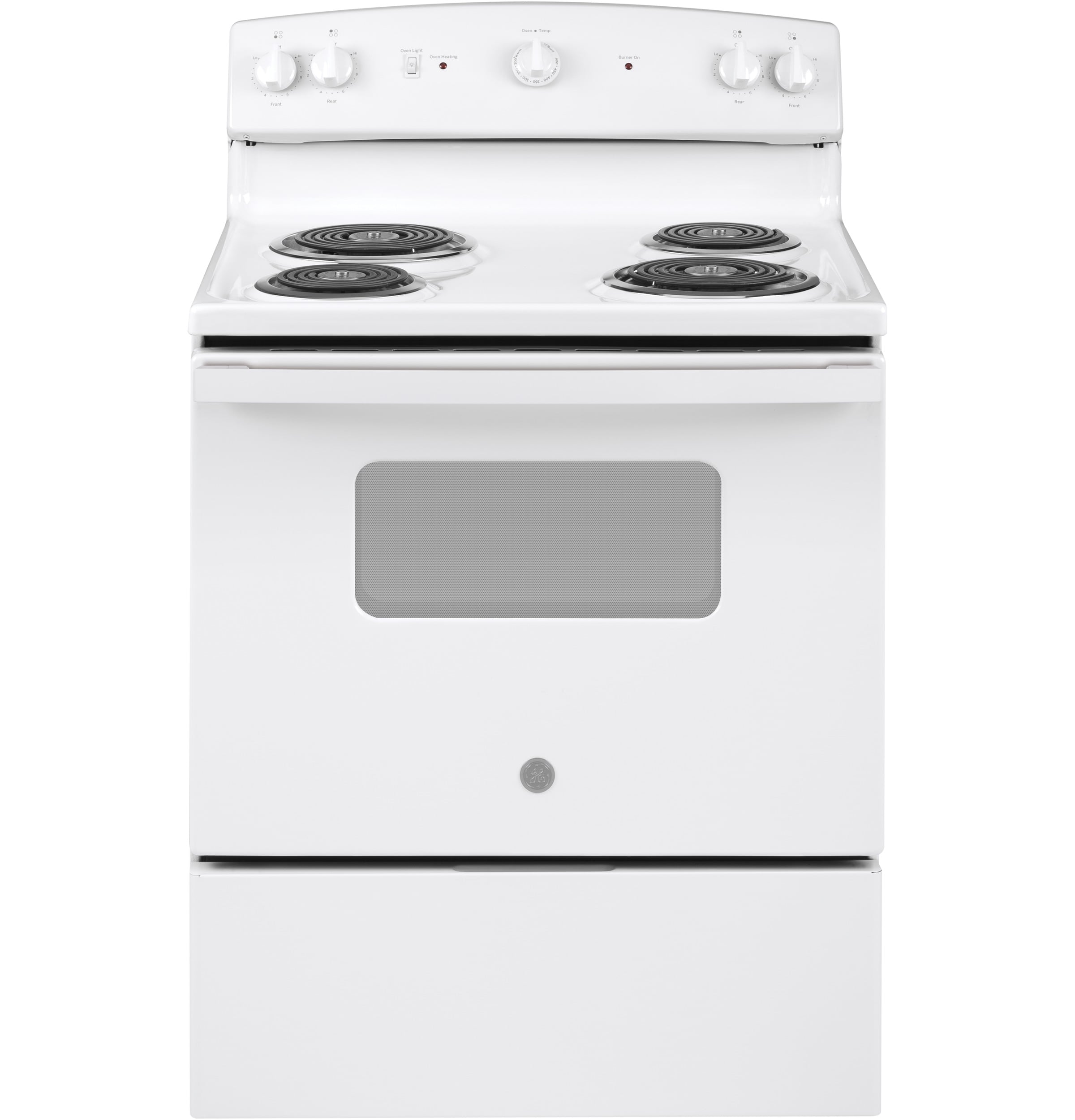 Estufa Eléctrica Independiente de 4 quemadores y 5.0 pies cúbicos de GE de 30 pulgadas (Blanca) JBS160DMWW