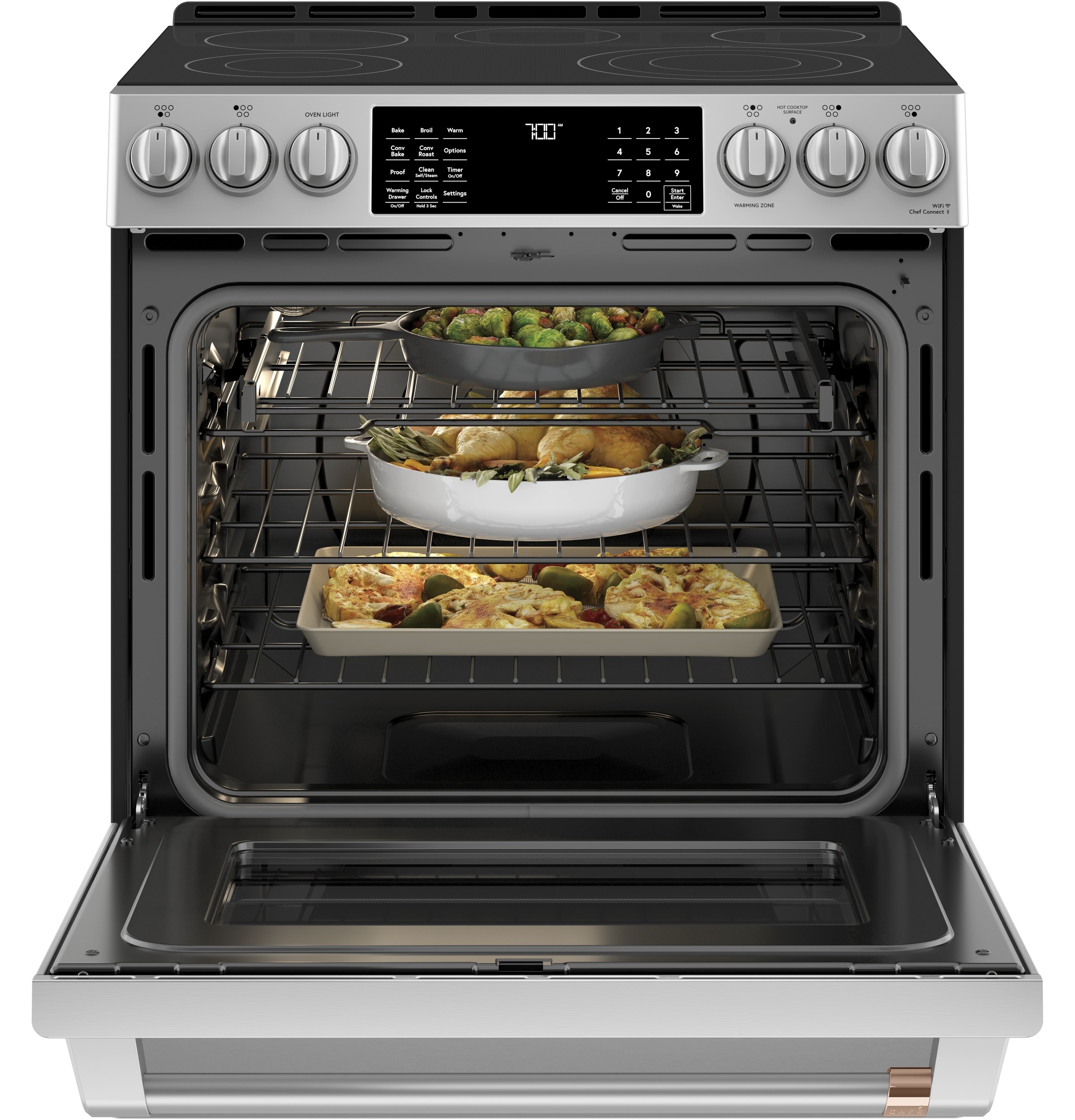 Estufa eléctrica de empotrar con horno de convección de aire frito, 5 quemadores y cubierta de vidrio de 30 pulgadas (5.7 pies cúbicos, acero inoxidable)