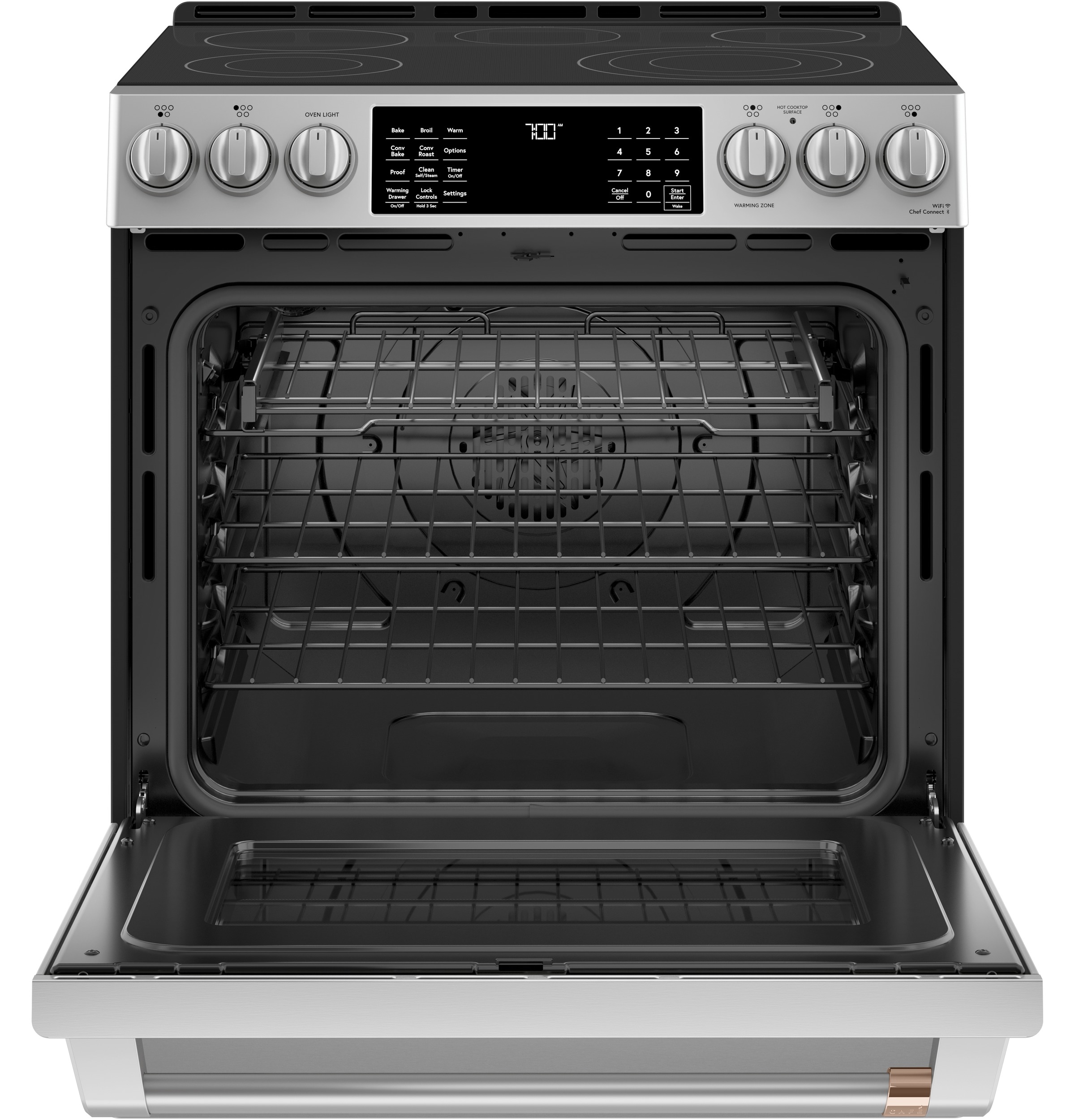 Estufa eléctrica de empotrar con horno de convección de aire frito, 5 quemadores y cubierta de vidrio de 30 pulgadas (5.7 pies cúbicos, acero inoxidable)