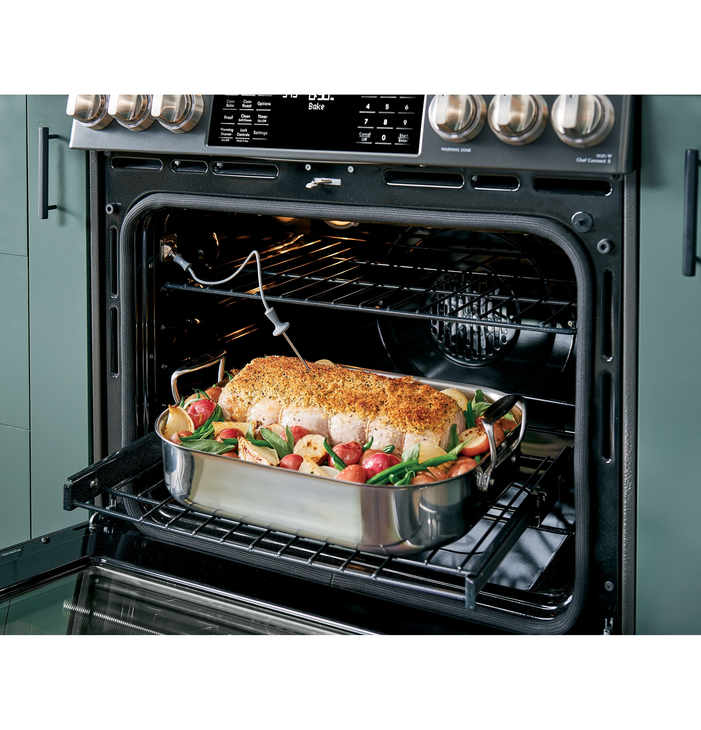 Estufa eléctrica de empotrar con horno de convección de aire frito, 5 quemadores y cubierta de vidrio de 30 pulgadas (5.7 pies cúbicos, acero inoxidable)