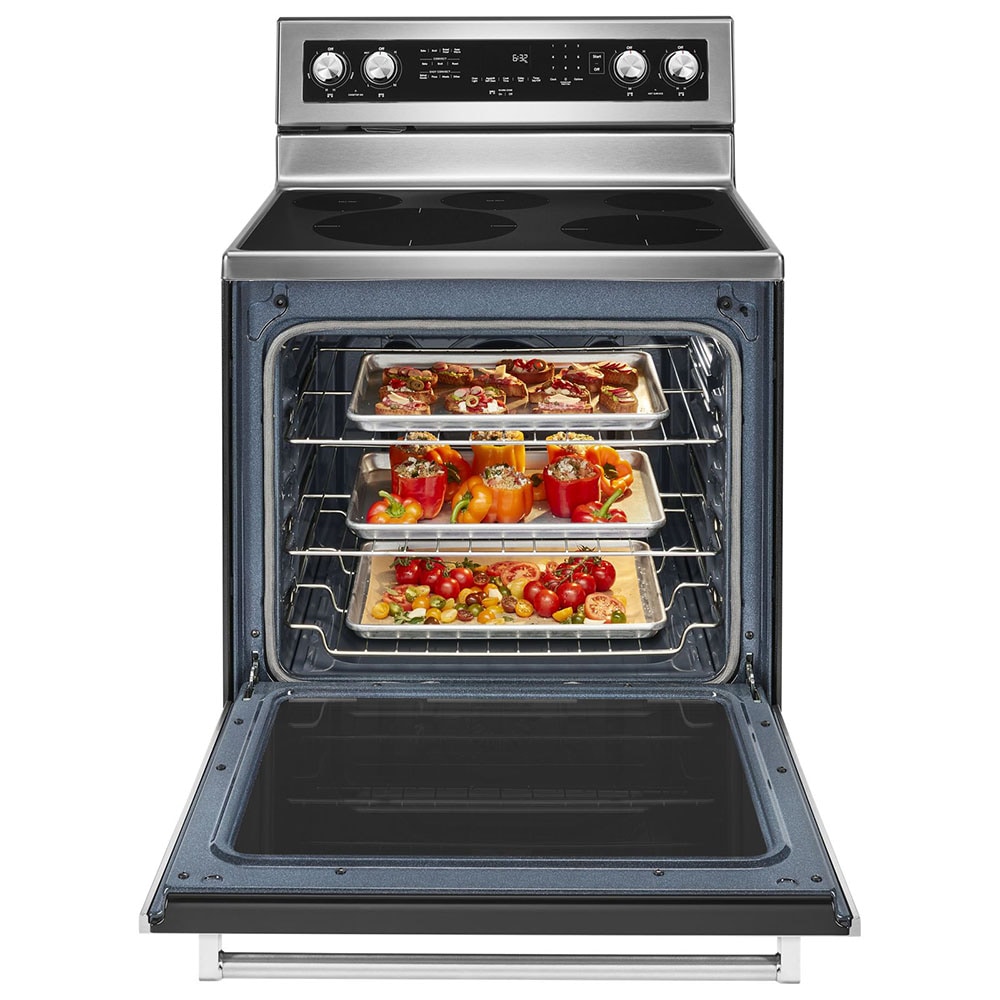 Estufa eléctrica de piso con horno de convección de 6.4 pies cúbicos y 5 quemadores de vidrio de 30 pulgadas en acero inoxidable