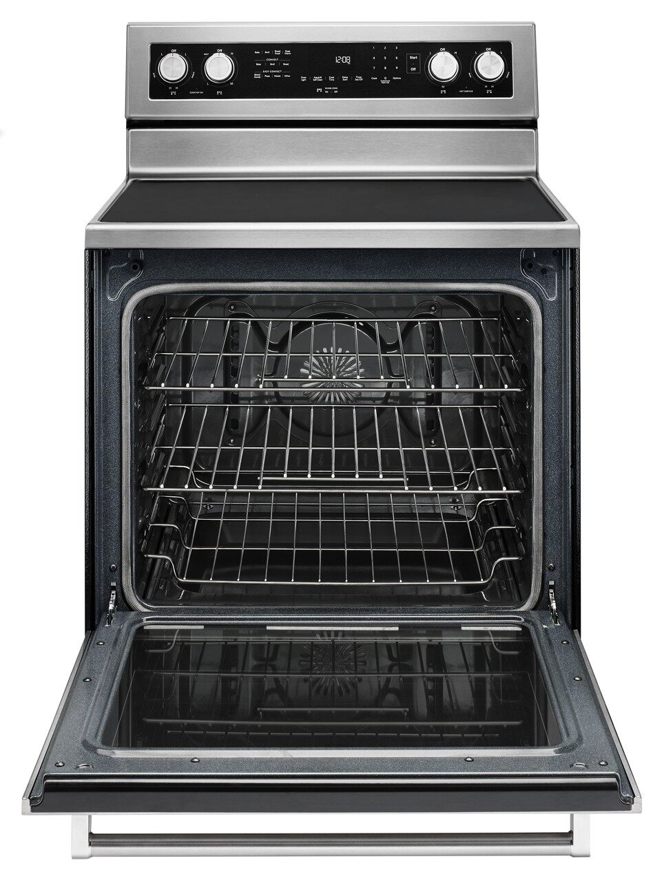 Estufa eléctrica de piso con horno de convección de 6.4 pies cúbicos y 5 quemadores de vidrio de 30 pulgadas en acero inoxidable