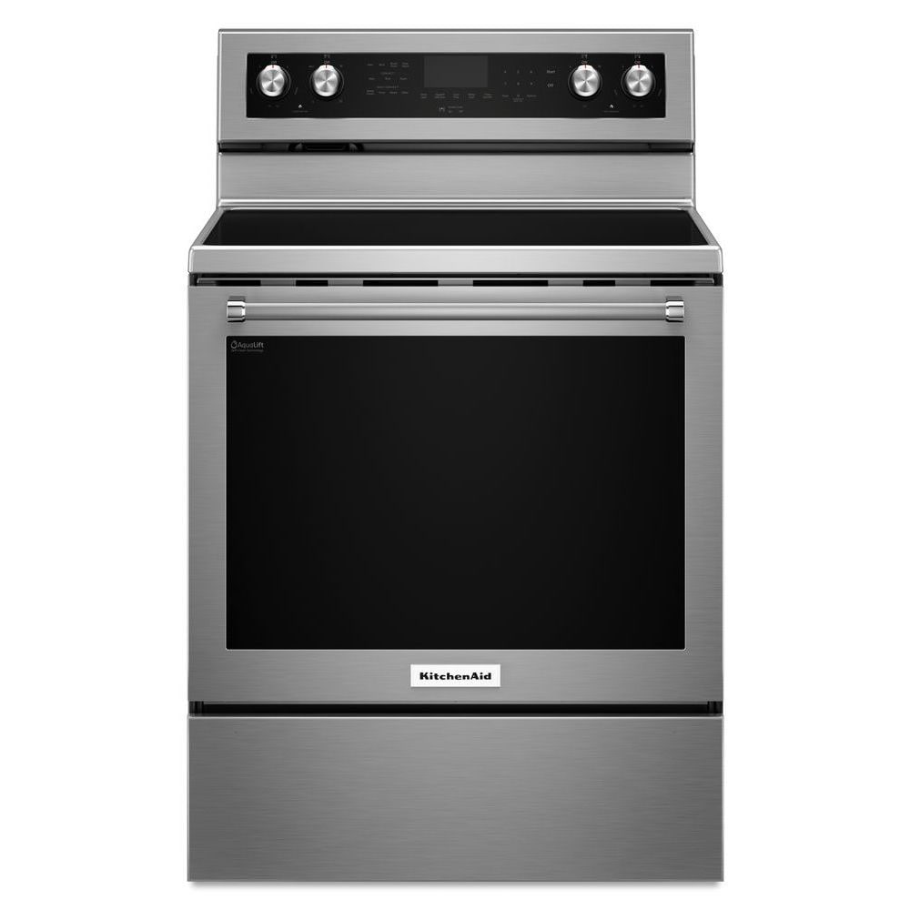 Estufa eléctrica de piso con horno de convección de 6.4 pies cúbicos y 5 quemadores de vidrio de 30 pulgadas en acero inoxidable