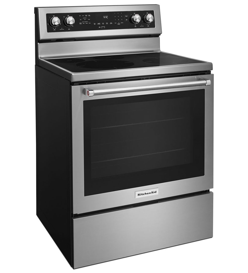 Estufa eléctrica de piso con horno de convección de 6.4 pies cúbicos y 5 quemadores de vidrio de 30 pulgadas en acero inoxidable
