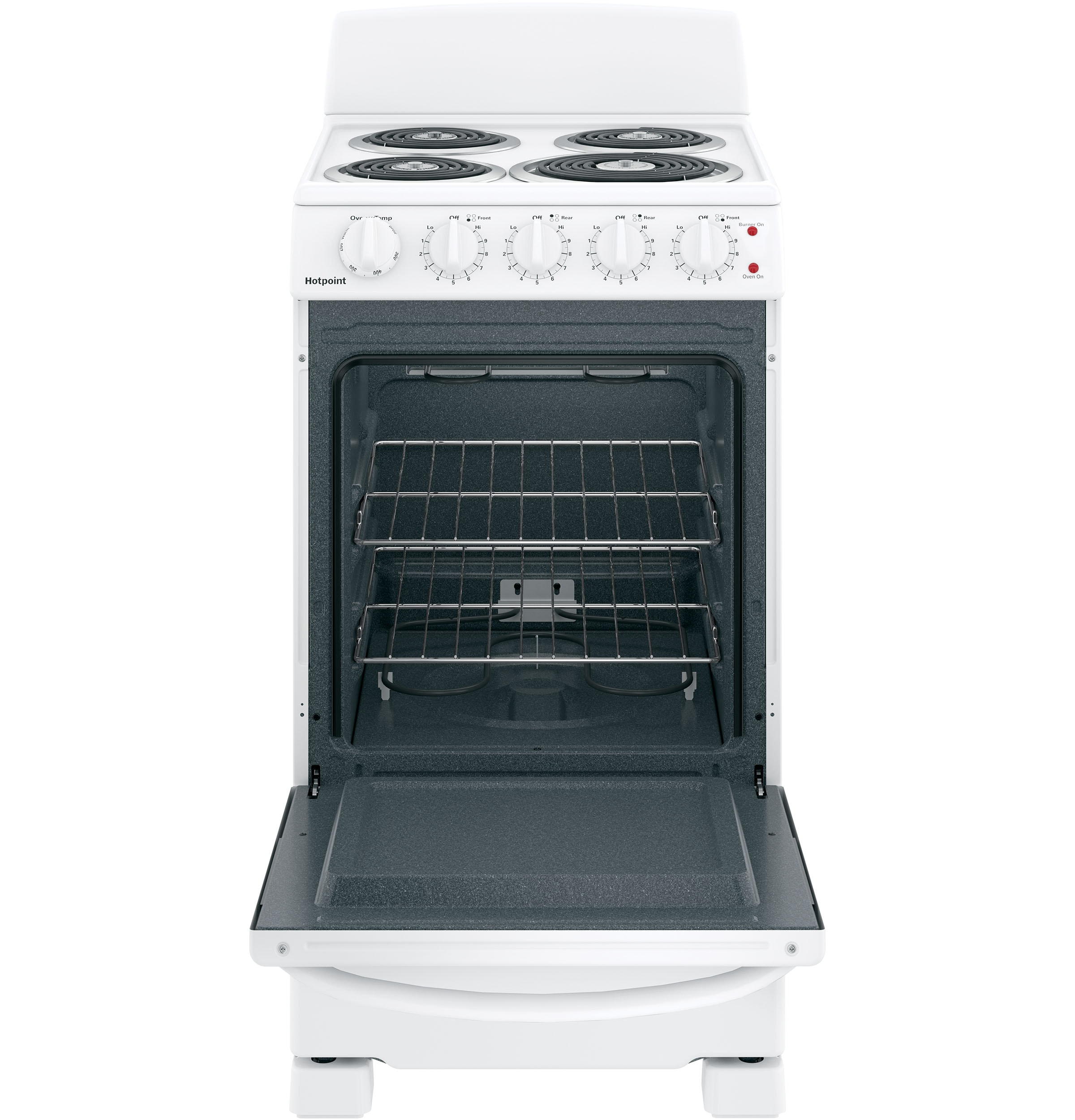 Estufa eléctrica independiente con 4 quemadores y horno de 2.3 pies cúbicos Hotpoint de 20 pulgadas (Blanca) RAS200DMWW