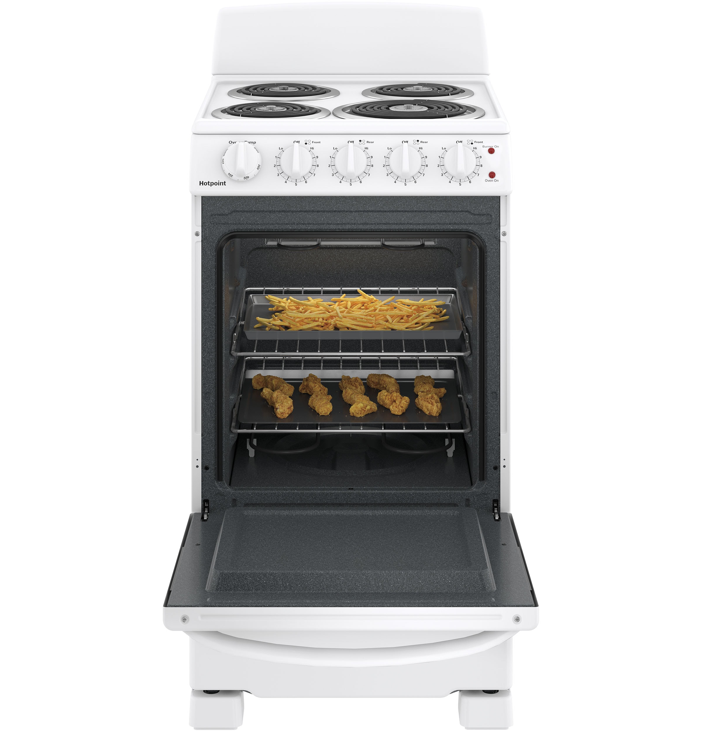 Estufa eléctrica independiente con 4 quemadores y horno de 2.3 pies cúbicos Hotpoint de 20 pulgadas (Blanca) RAS200DMWW