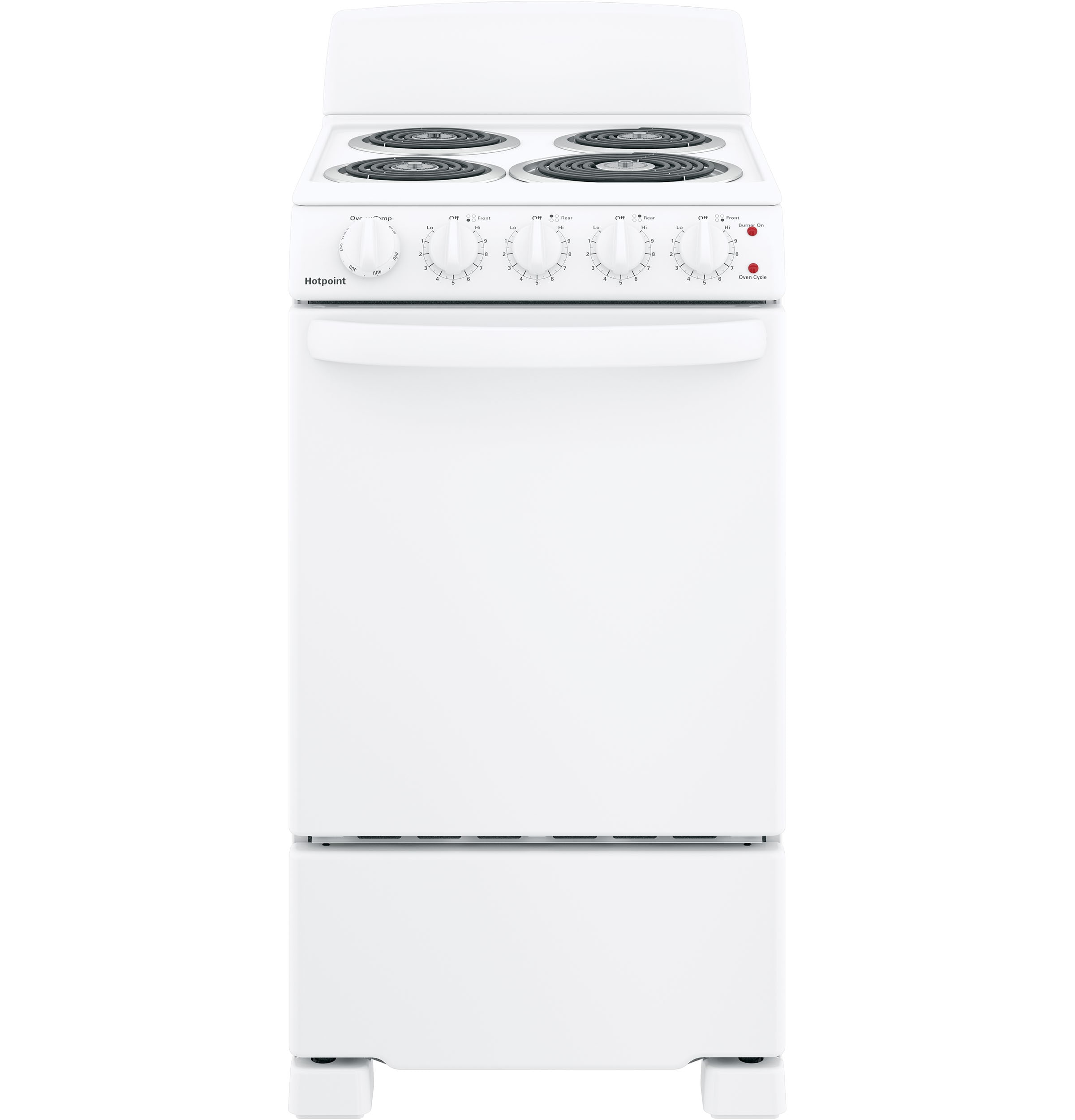 Estufa eléctrica independiente con 4 quemadores y horno de 2.3 pies cúbicos Hotpoint de 20 pulgadas (Blanca) RAS200DMWW