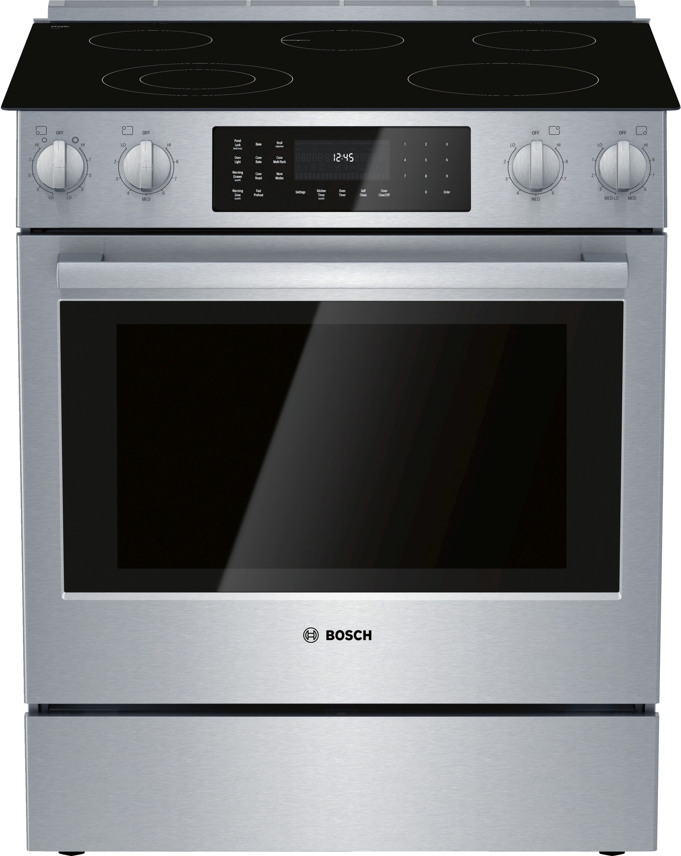 Estufa eléctrica deslizable de 30 pulgadas de la serie 800 de vidrio con 5 quemadores, horno de convección de 4.6 pies cúbicos y recubrimiento WipeClean (acero inoxidable) HEI8056U de Bosch.