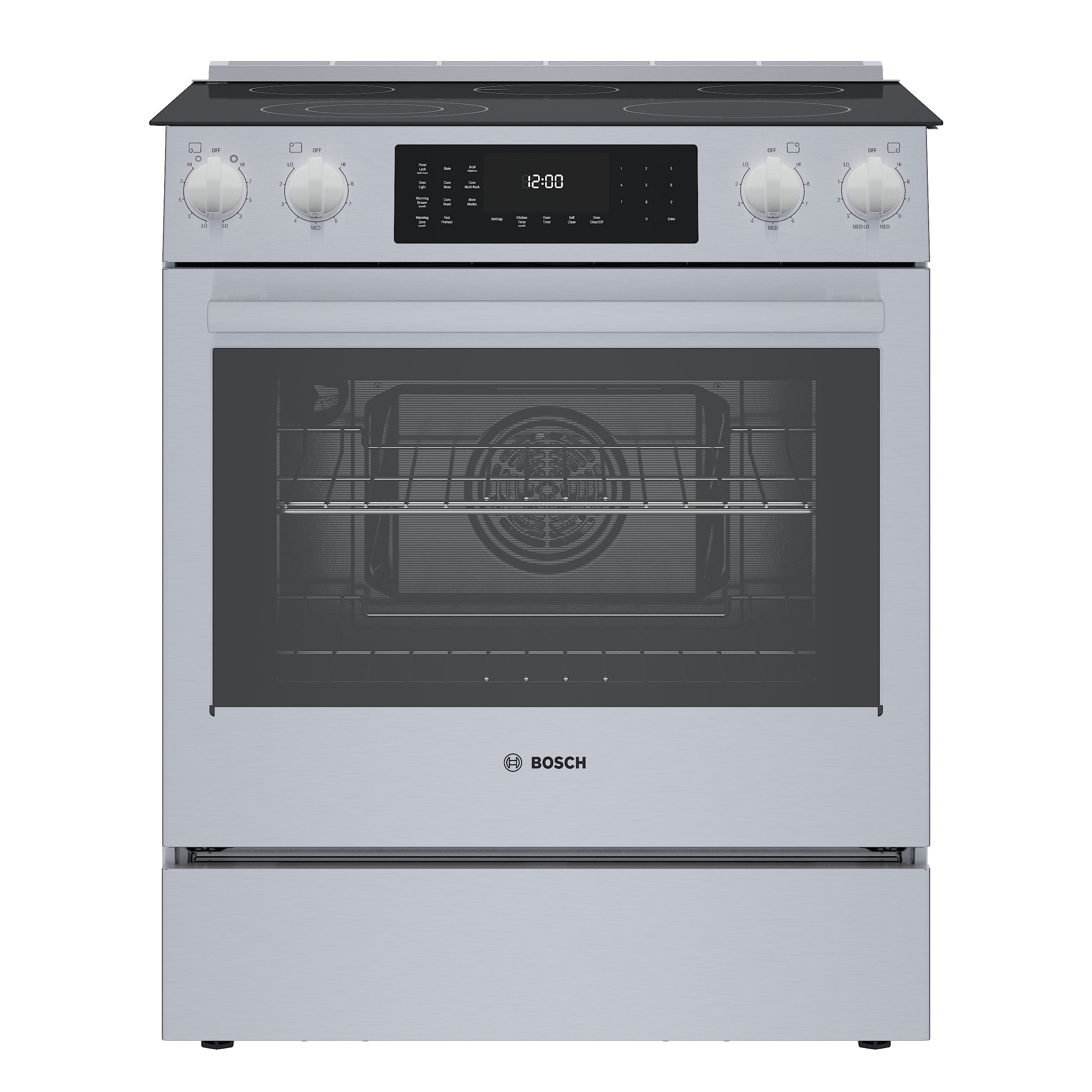 Estufa eléctrica deslizable de 30 pulgadas de la serie 800 de vidrio con 5 quemadores, horno de convección de 4.6 pies cúbicos y recubrimiento WipeClean (acero inoxidable) HEI8056U de Bosch.