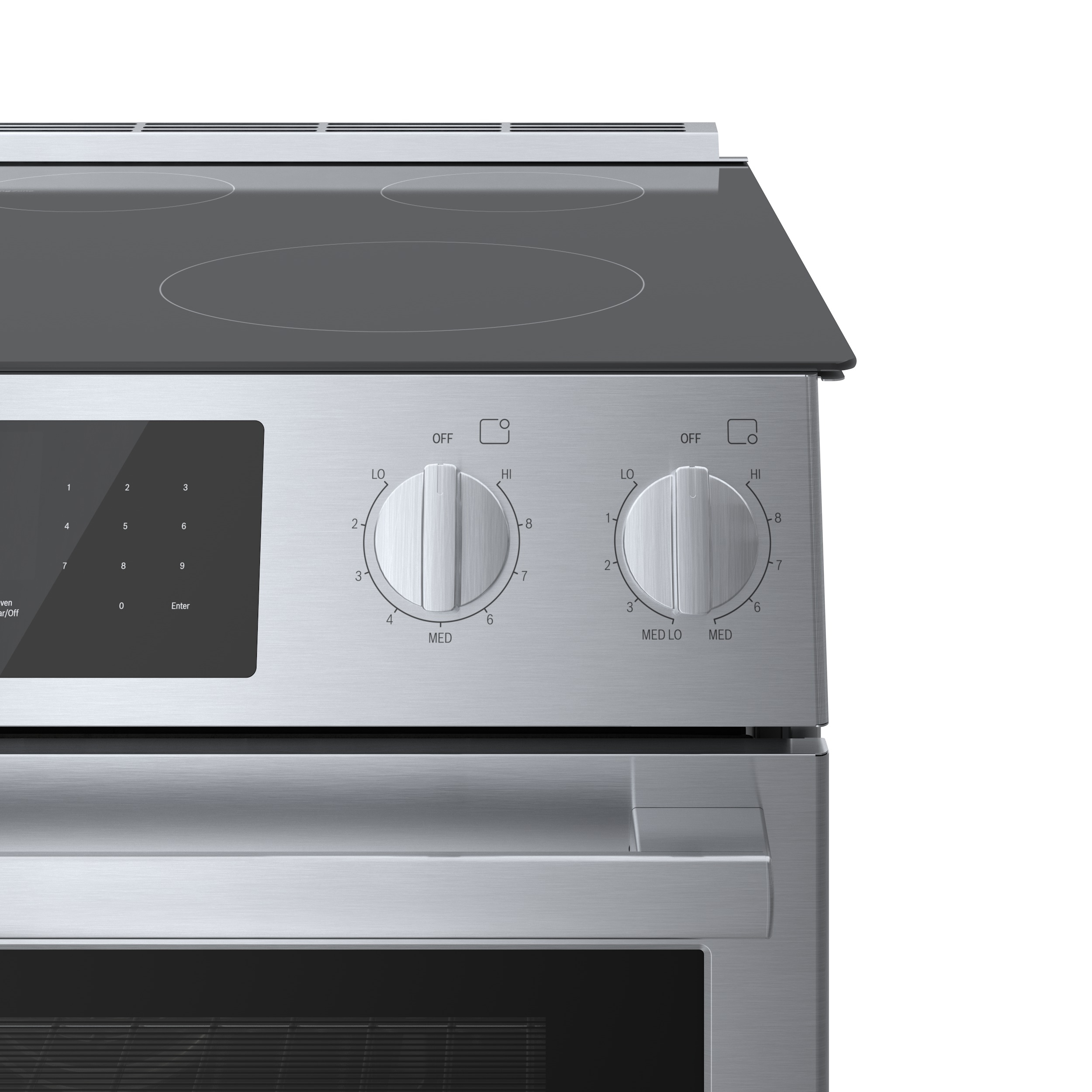 Estufa eléctrica deslizable de 30 pulgadas de la serie 800 de vidrio con 5 quemadores, horno de convección de 4.6 pies cúbicos y recubrimiento WipeClean (acero inoxidable) HEI8056U de Bosch.