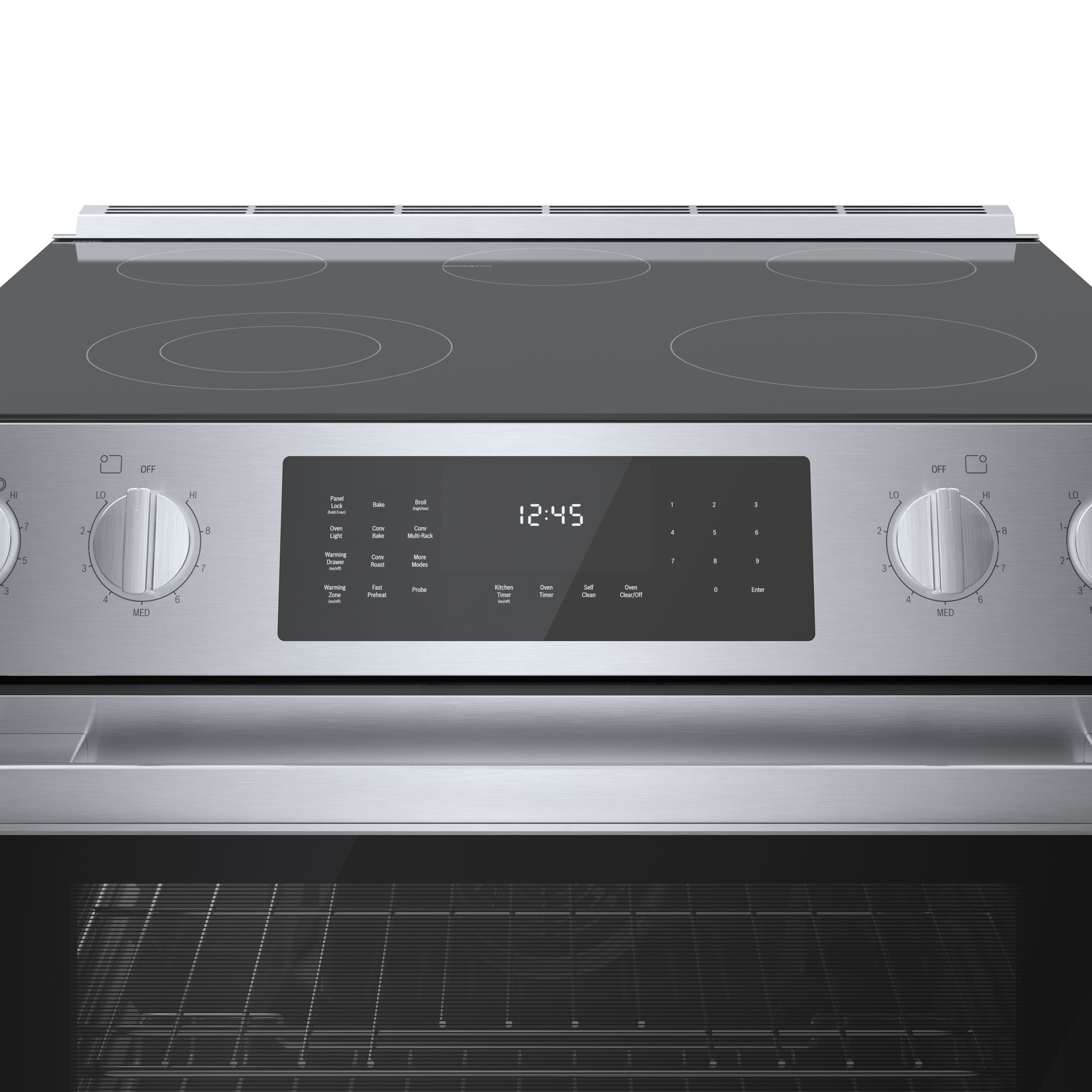 Estufa eléctrica deslizable de 30 pulgadas de la serie 800 de vidrio con 5 quemadores, horno de convección de 4.6 pies cúbicos y recubrimiento WipeClean (acero inoxidable) HEI8056U de Bosch.
