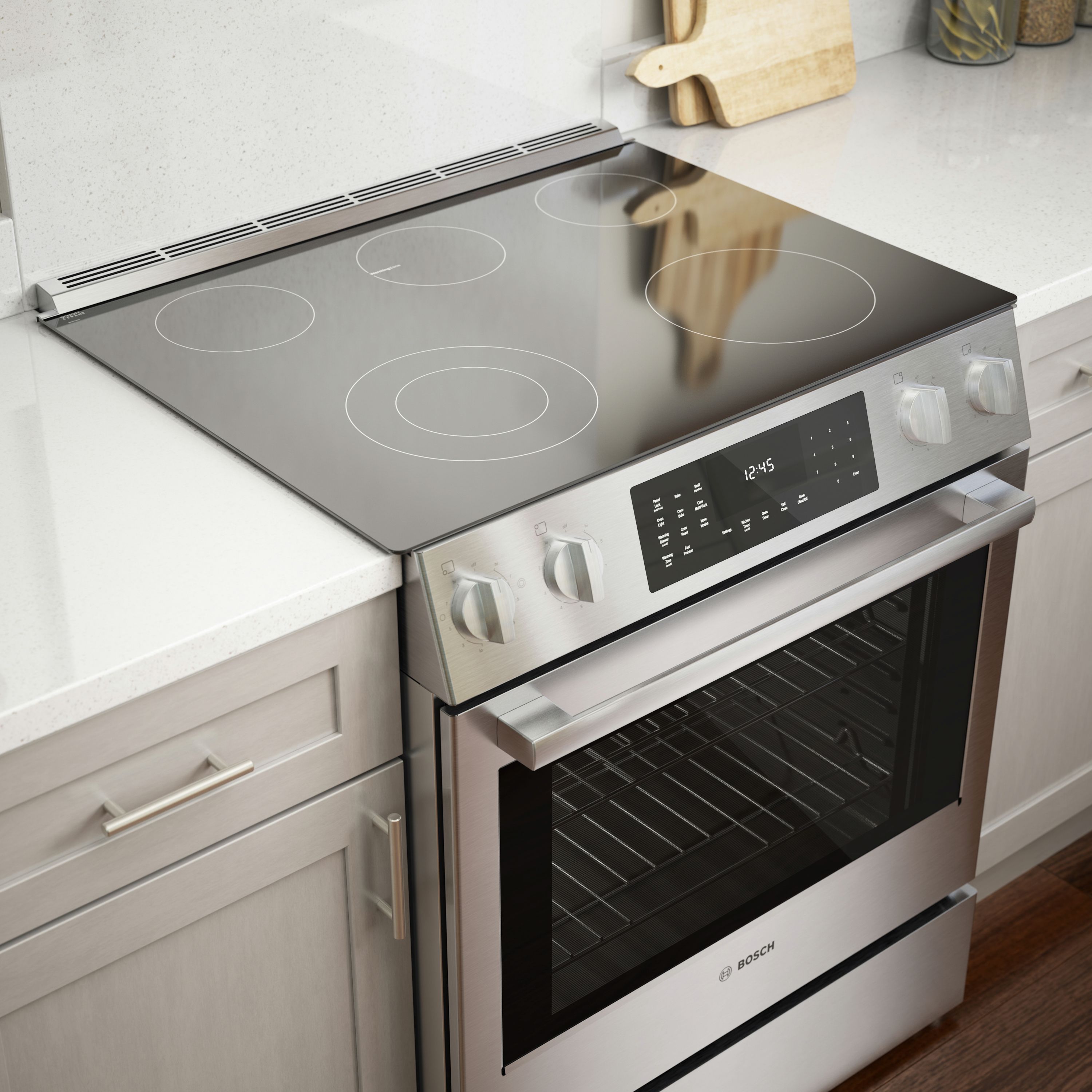 Estufa eléctrica deslizable de 30 pulgadas de la serie 800 de vidrio con 5 quemadores, horno de convección de 4.6 pies cúbicos y recubrimiento WipeClean (acero inoxidable) HEI8056U de Bosch.