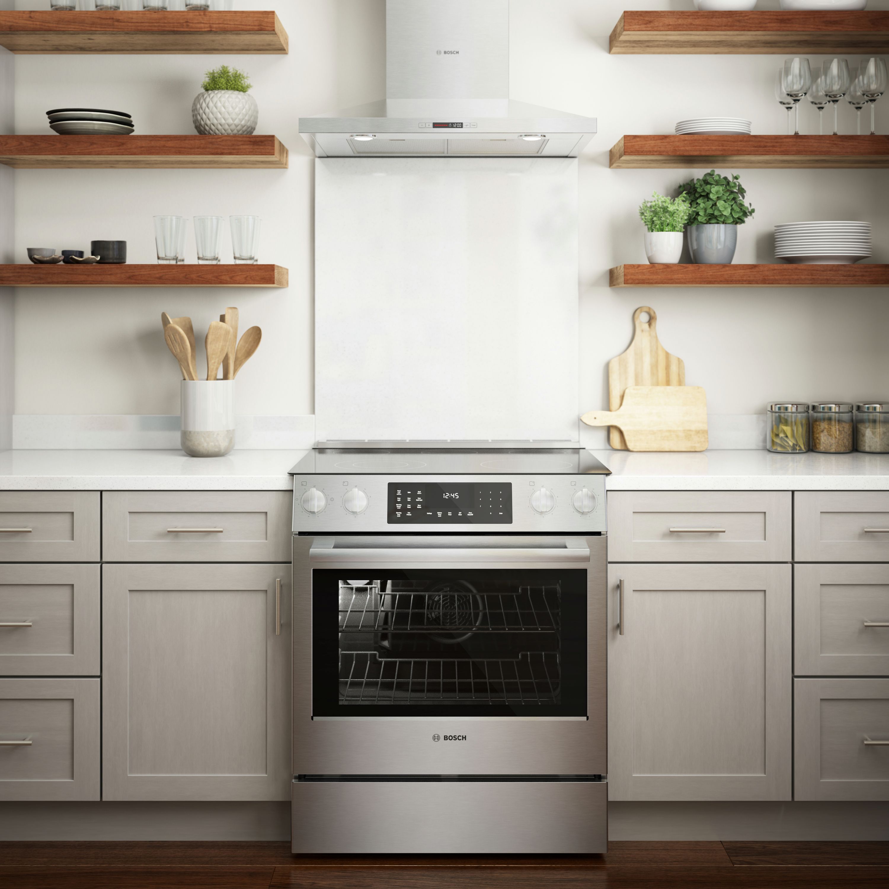 Estufa eléctrica deslizable de 30 pulgadas de la serie 800 de vidrio con 5 quemadores, horno de convección de 4.6 pies cúbicos y recubrimiento WipeClean (acero inoxidable) HEI8056U de Bosch.