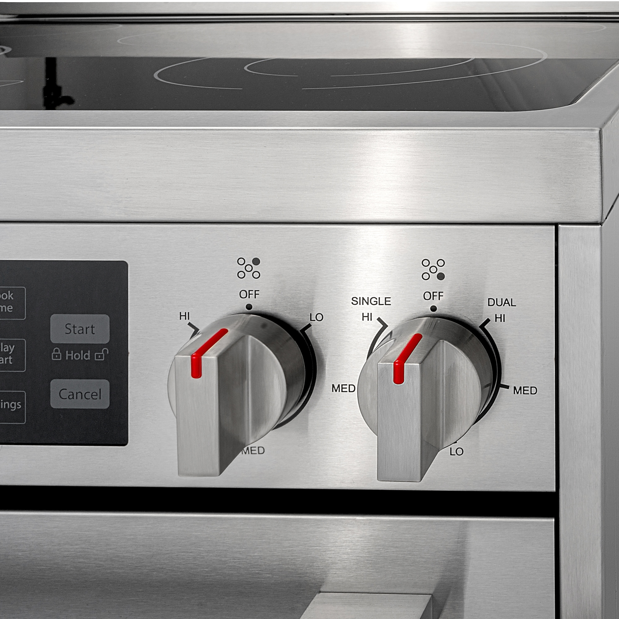 Estufa eléctrica independiente con quemadores de vidrio y horno de convección de 5 pies cúbicos (acero inoxidable)