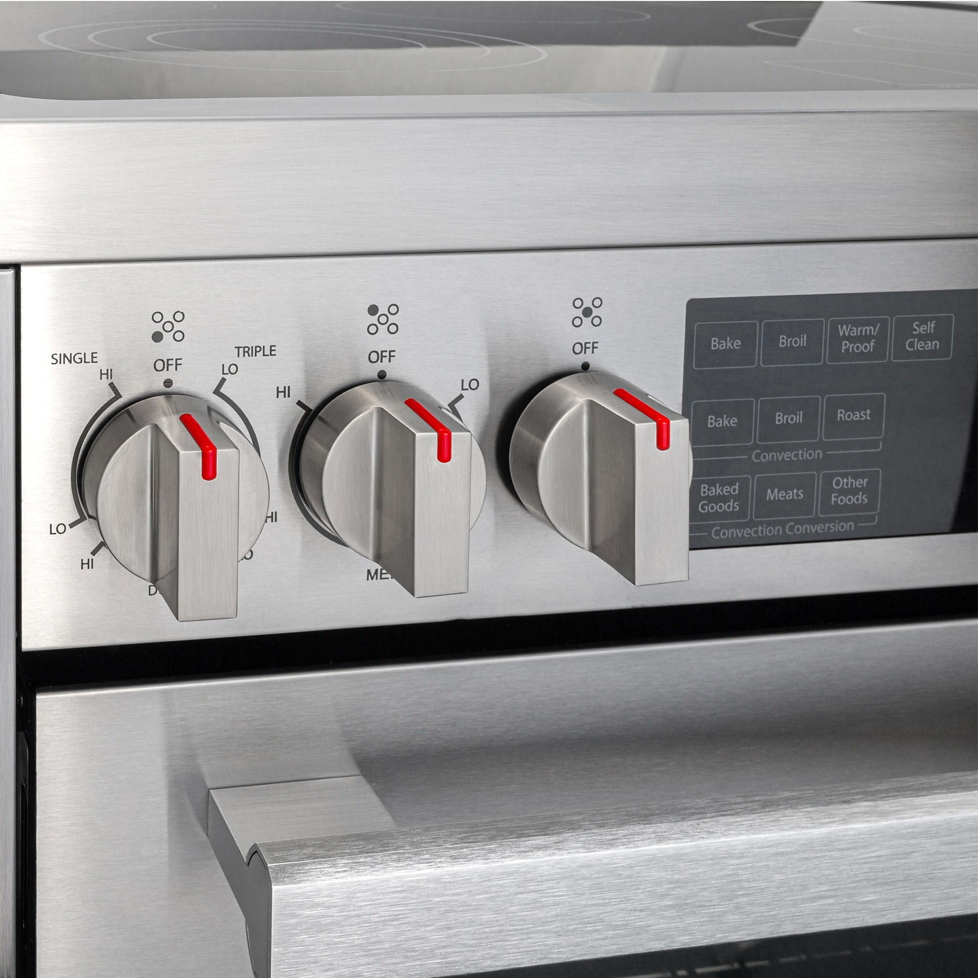 Estufa eléctrica independiente con quemadores de vidrio y horno de convección de 5 pies cúbicos (acero inoxidable)