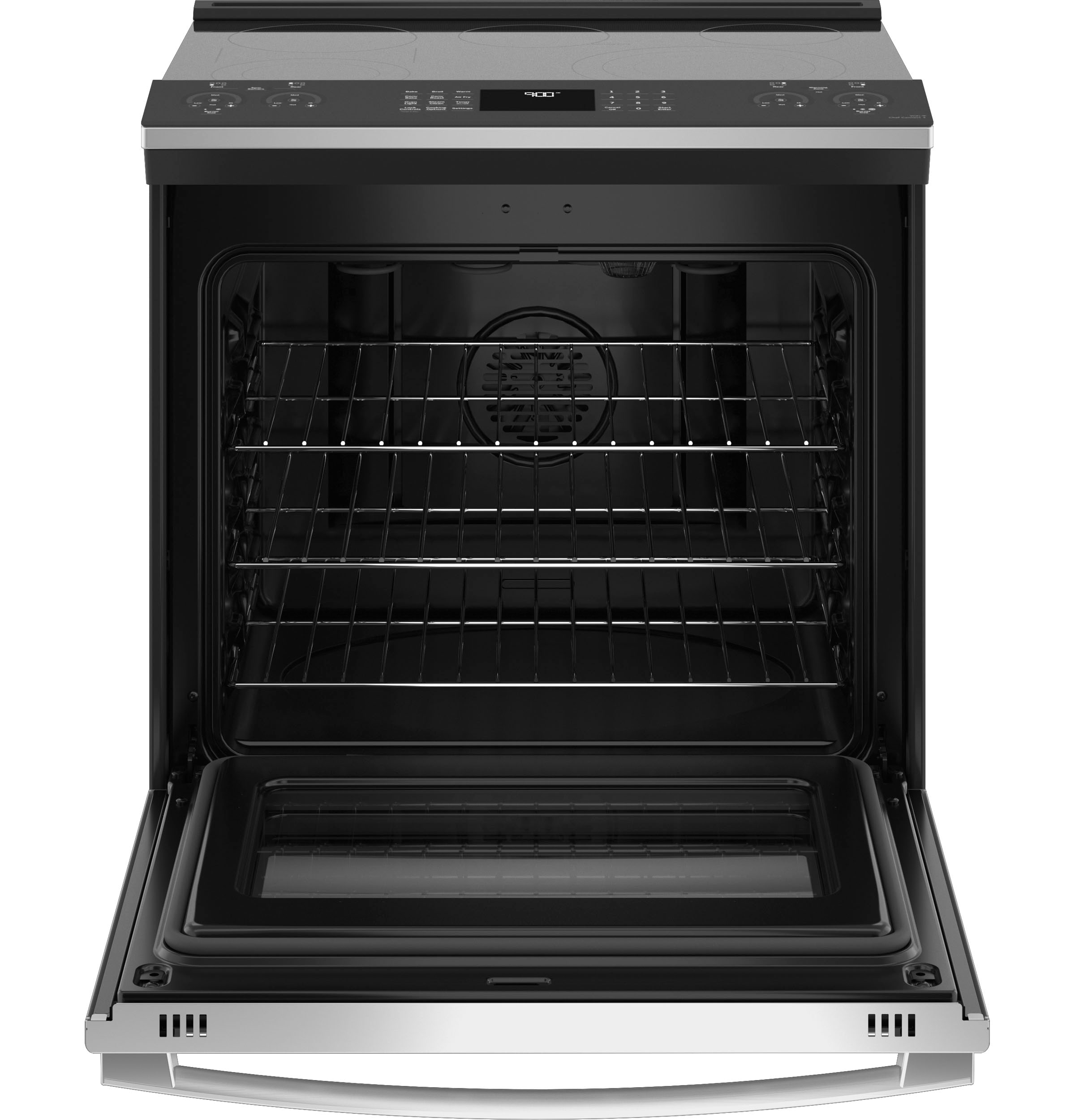 Estufa eléctrica de empotrar con horno de convección y freidora de aire, 5 quemadores y cubierta de vidrio de 30 pulgadas, 5.3 pies cúbicos, de acero inoxidable resistente a las huellas digitales - GE Profile.