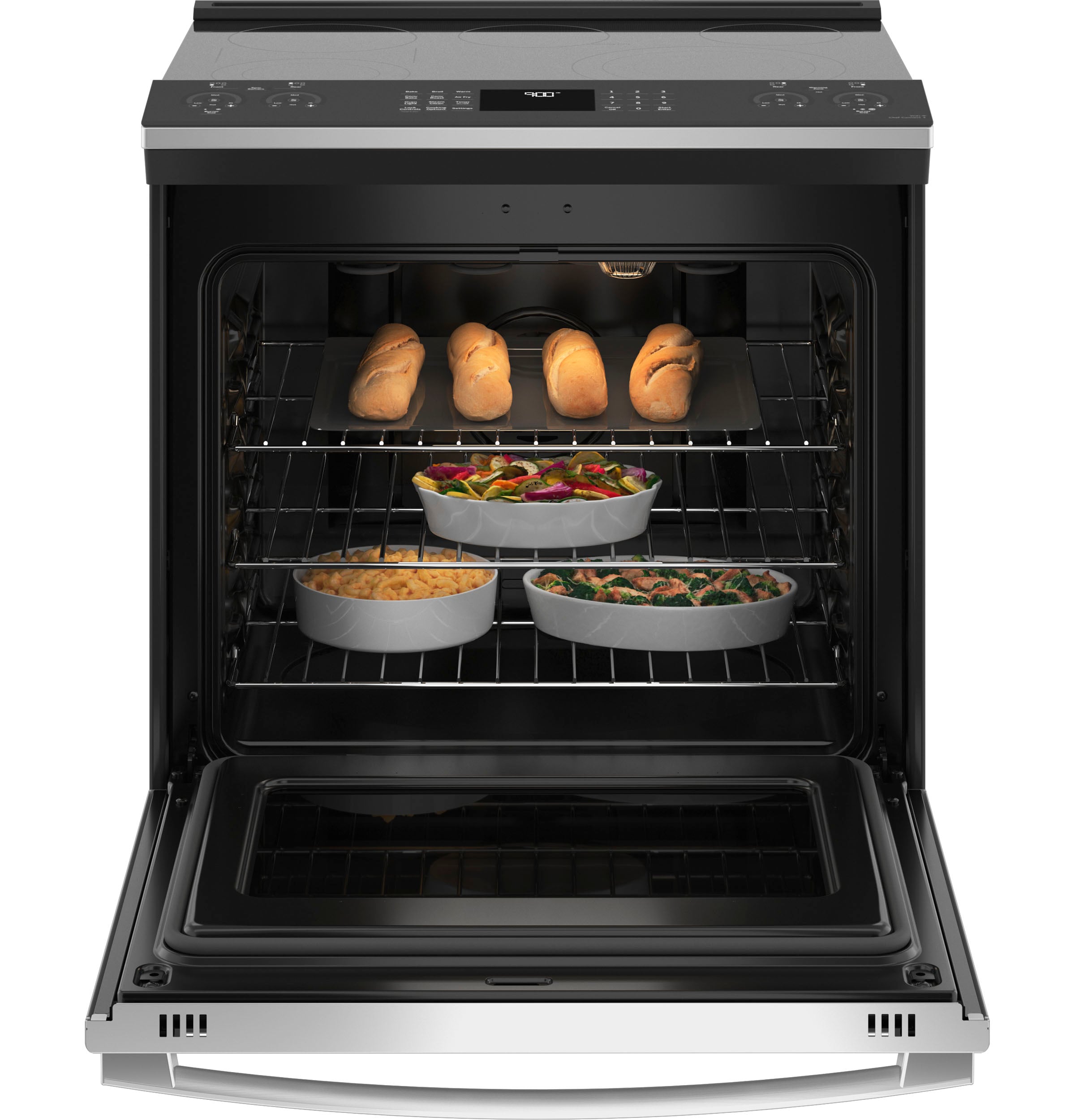 Estufa eléctrica de empotrar con horno de convección y freidora de aire, 5 quemadores y cubierta de vidrio de 30 pulgadas, 5.3 pies cúbicos, de acero inoxidable resistente a las huellas digitales - GE Profile.