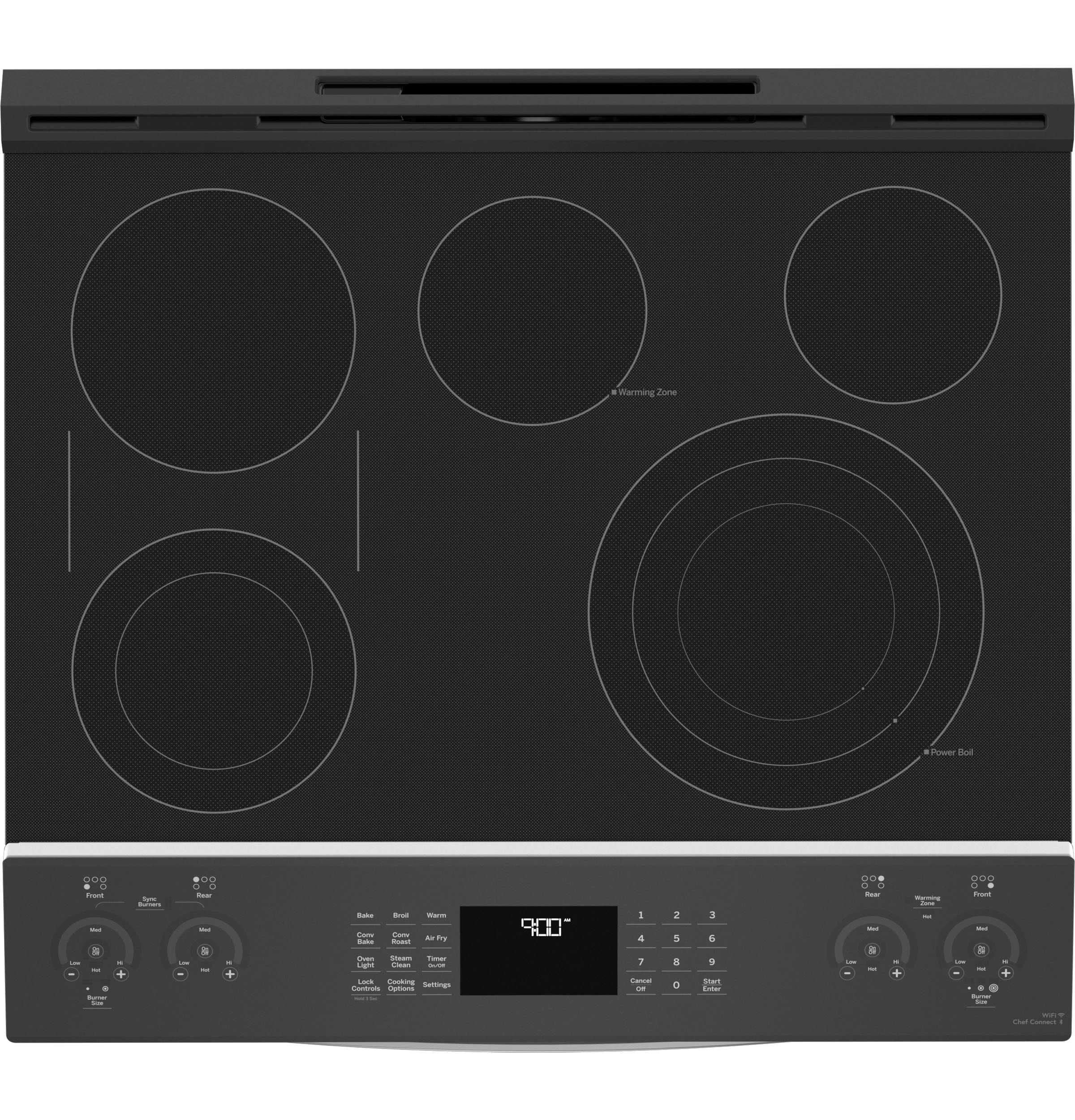 Estufa eléctrica de empotrar con horno de convección y freidora de aire, 5 quemadores y cubierta de vidrio de 30 pulgadas, 5.3 pies cúbicos, de acero inoxidable resistente a las huellas digitales - GE Profile.