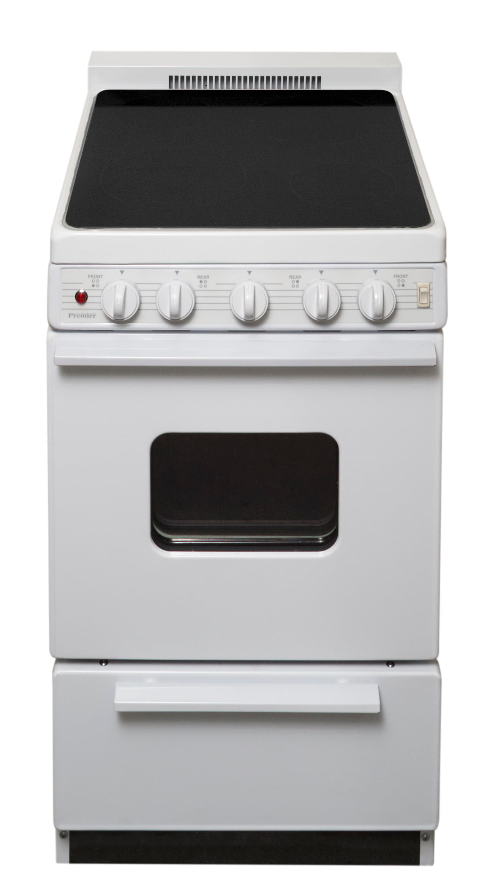 Estufa eléctrica independiente con tapa de vidrio de primera calidad de 20 pulgadas, 4 quemadores y 2.4 pies cúbicos, color blanco sobre blanco.