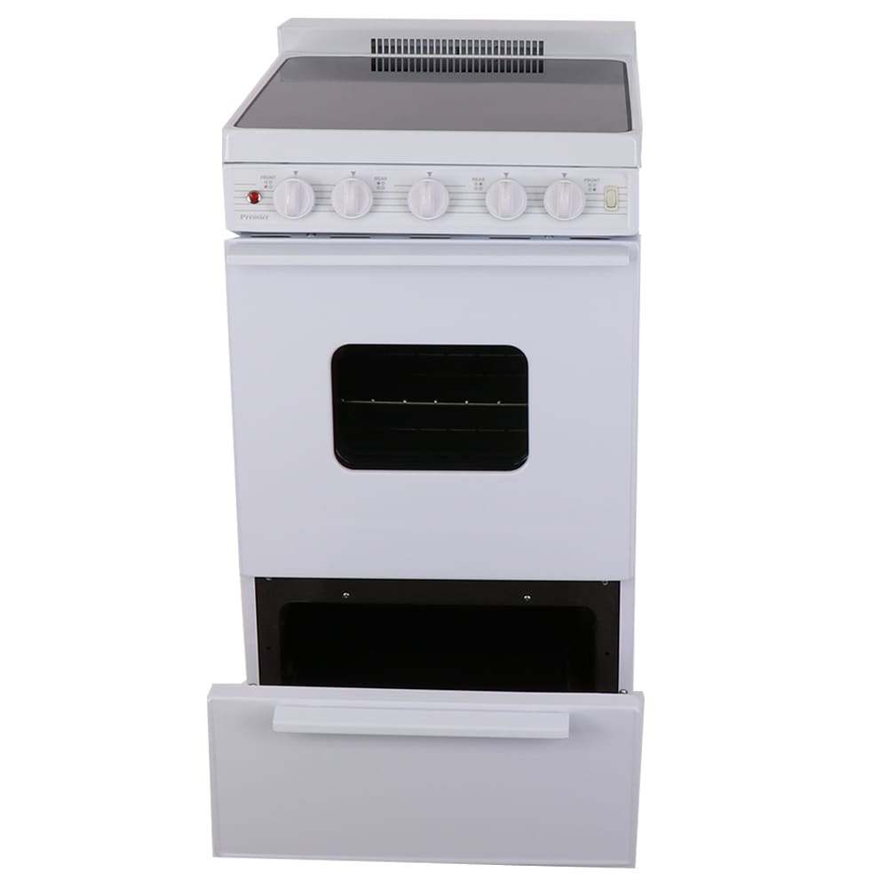 Estufa eléctrica independiente con tapa de vidrio de primera calidad de 20 pulgadas, 4 quemadores y 2.4 pies cúbicos, color blanco sobre blanco.