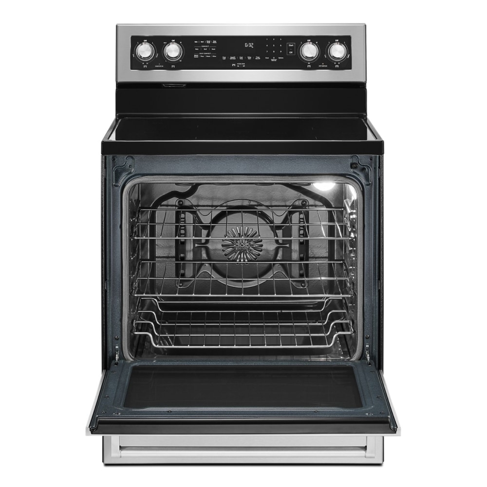 Estufa eléctrica independiente de 30 pulgadas con tapa de vidrio, 5 quemadores y horno de convección de 6.4 pies cúbicos (acero inoxidable con acabado PRINTSHIELD) KFEG504KPS