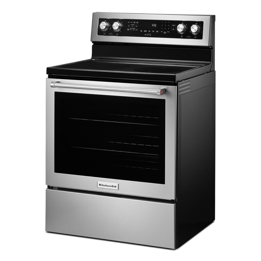 Estufa eléctrica independiente de 30 pulgadas con tapa de vidrio, 5 quemadores y horno de convección de 6.4 pies cúbicos (acero inoxidable con acabado PRINTSHIELD) KFEG504KPS